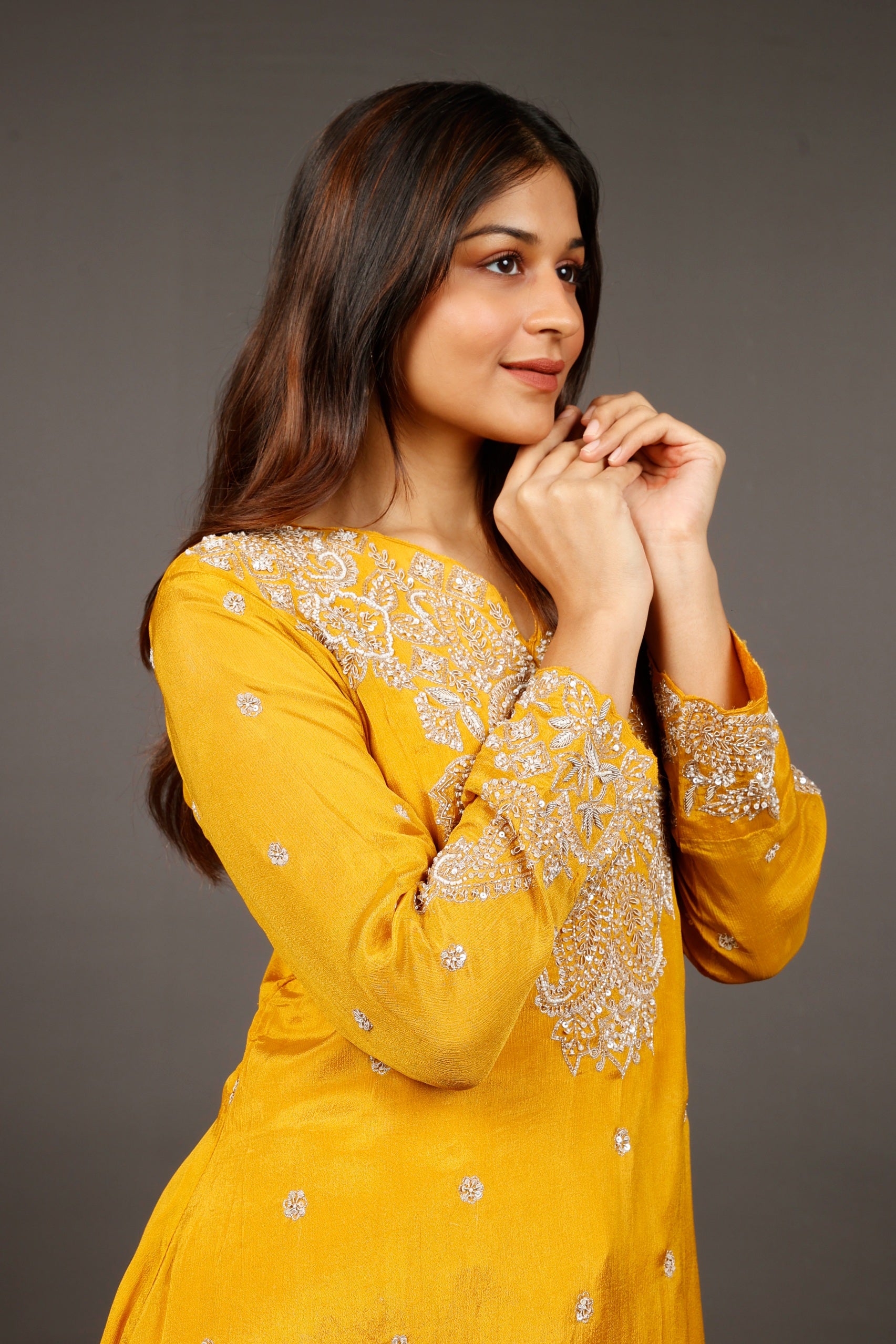 Yellow Chinon Silk Indo-Western Kurta with Cream Dhoti Pants