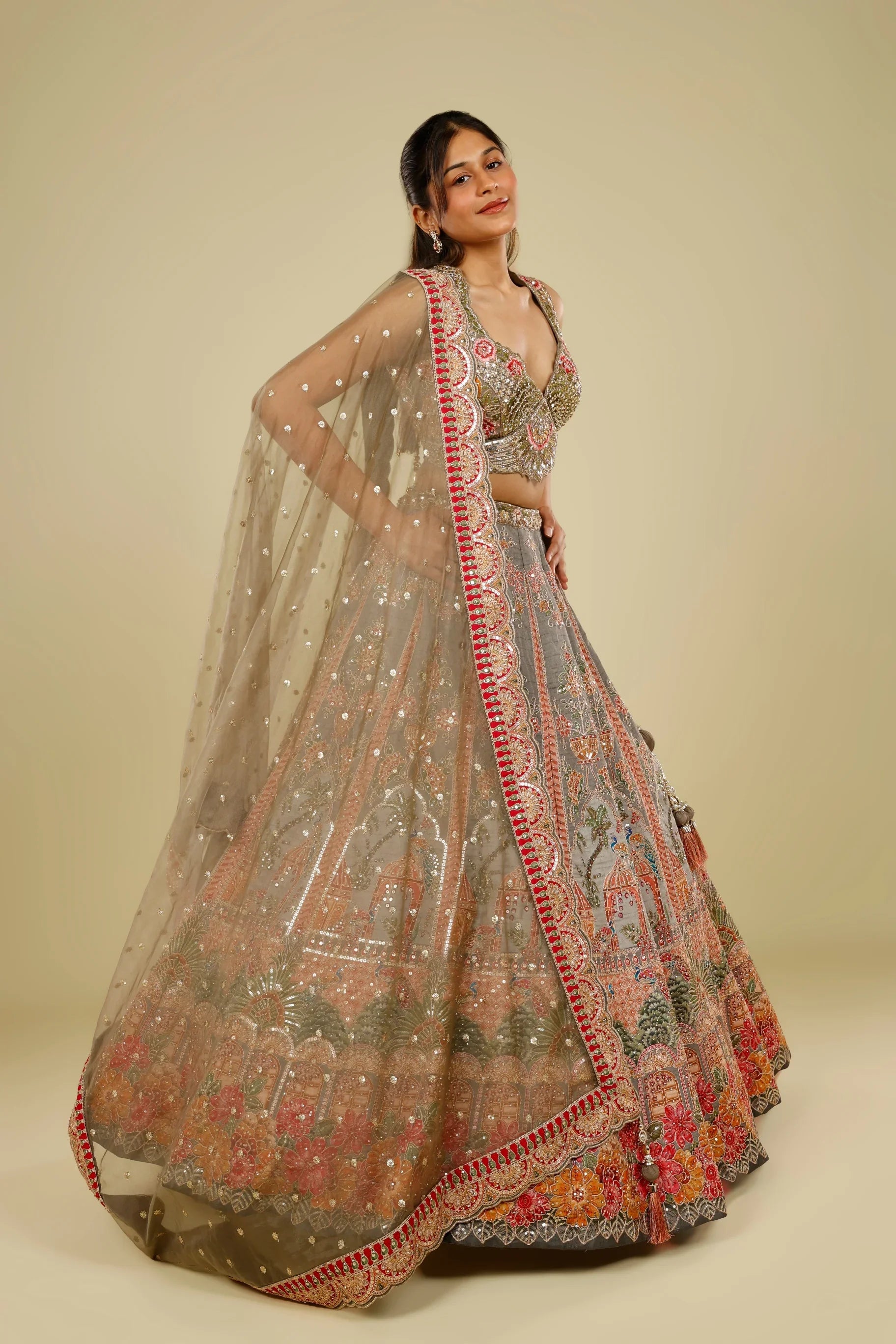 Grey Silk Lehenga Set with Zari, Stone & Sequin Embroidery | Mokshaa