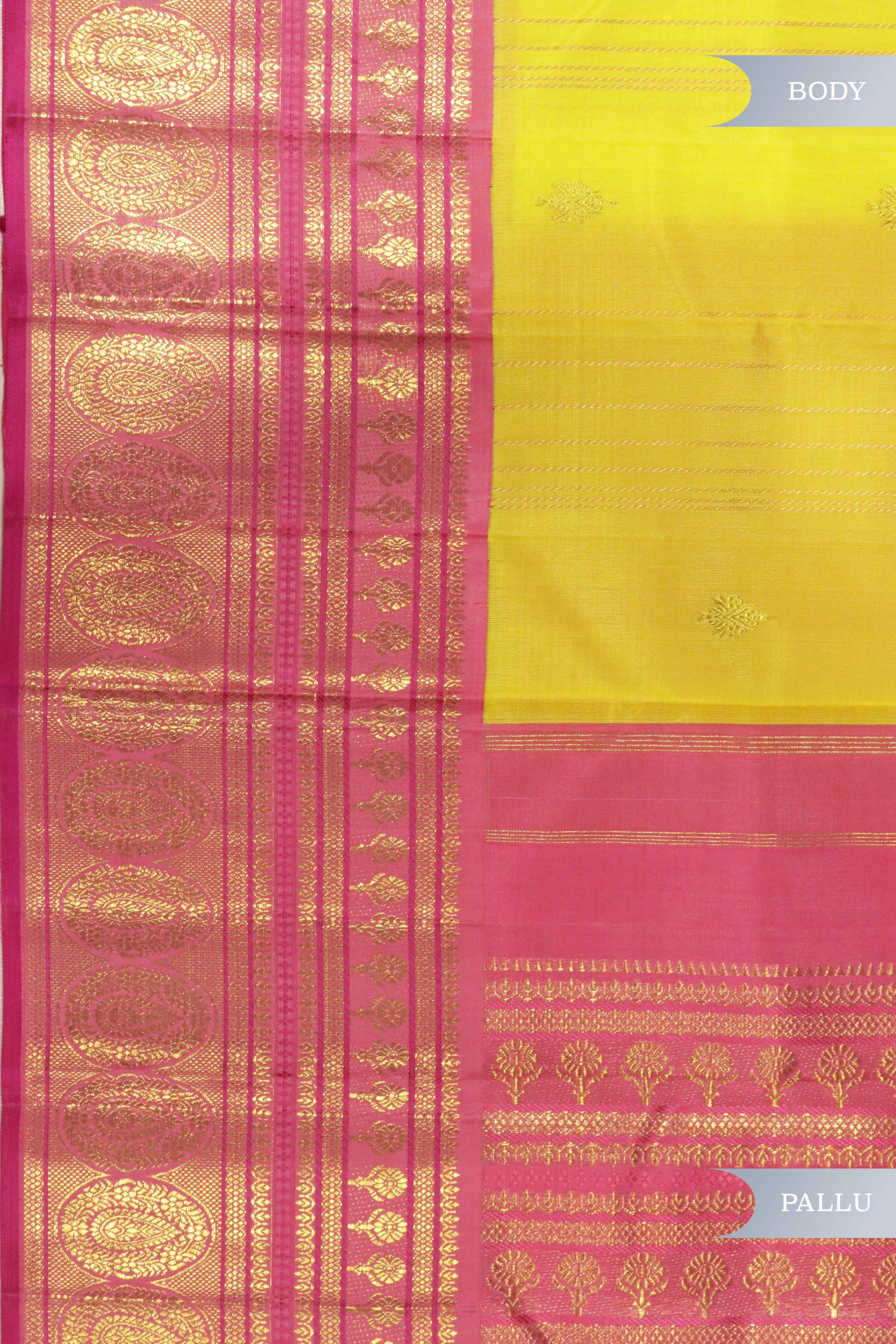 Yellow Kanchipuram Silk Saree with Zari Stripes, Motifs & Contrast Zari Border - Mokshaa