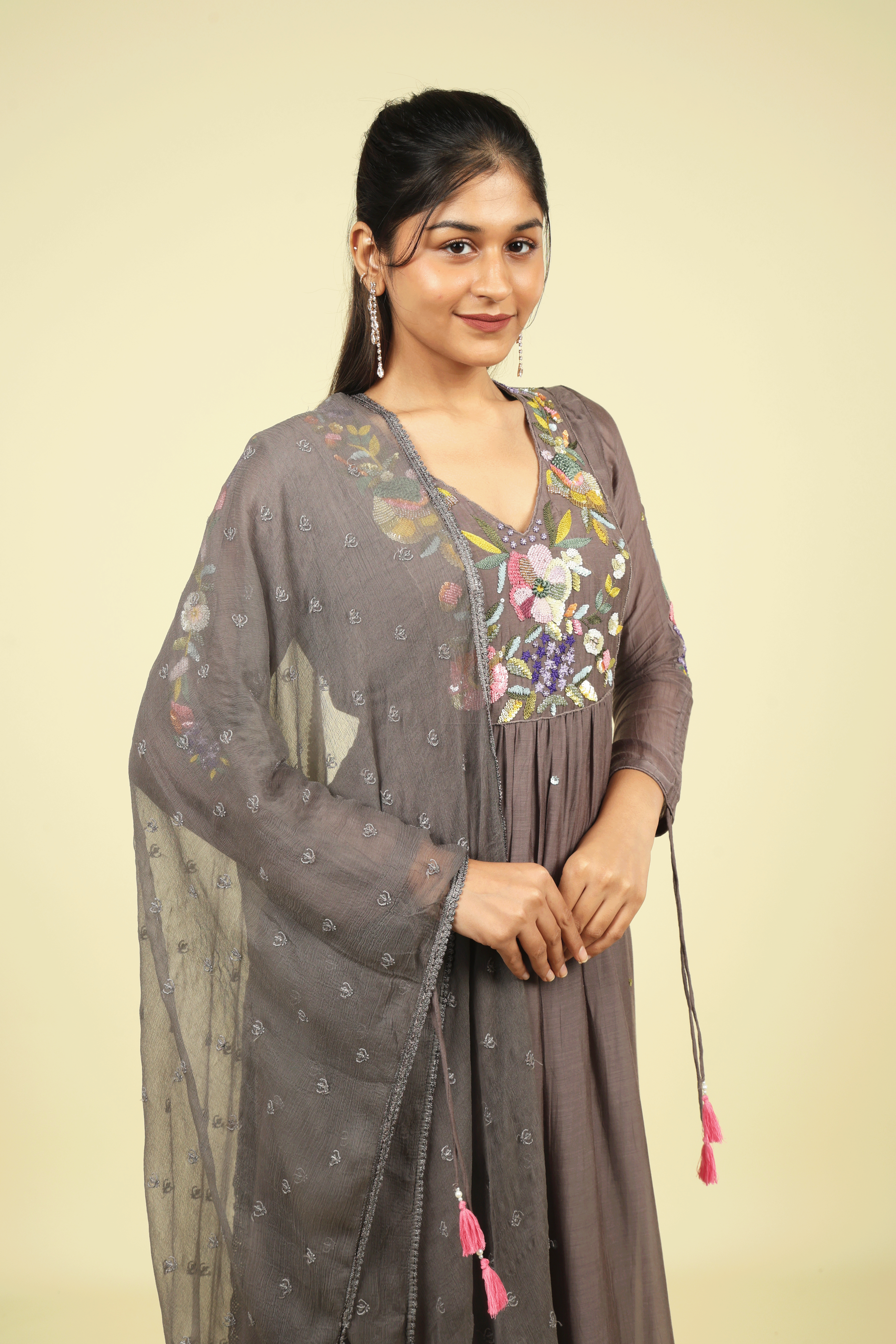 Grey Embroidered Mul Chanderi Salwar Set