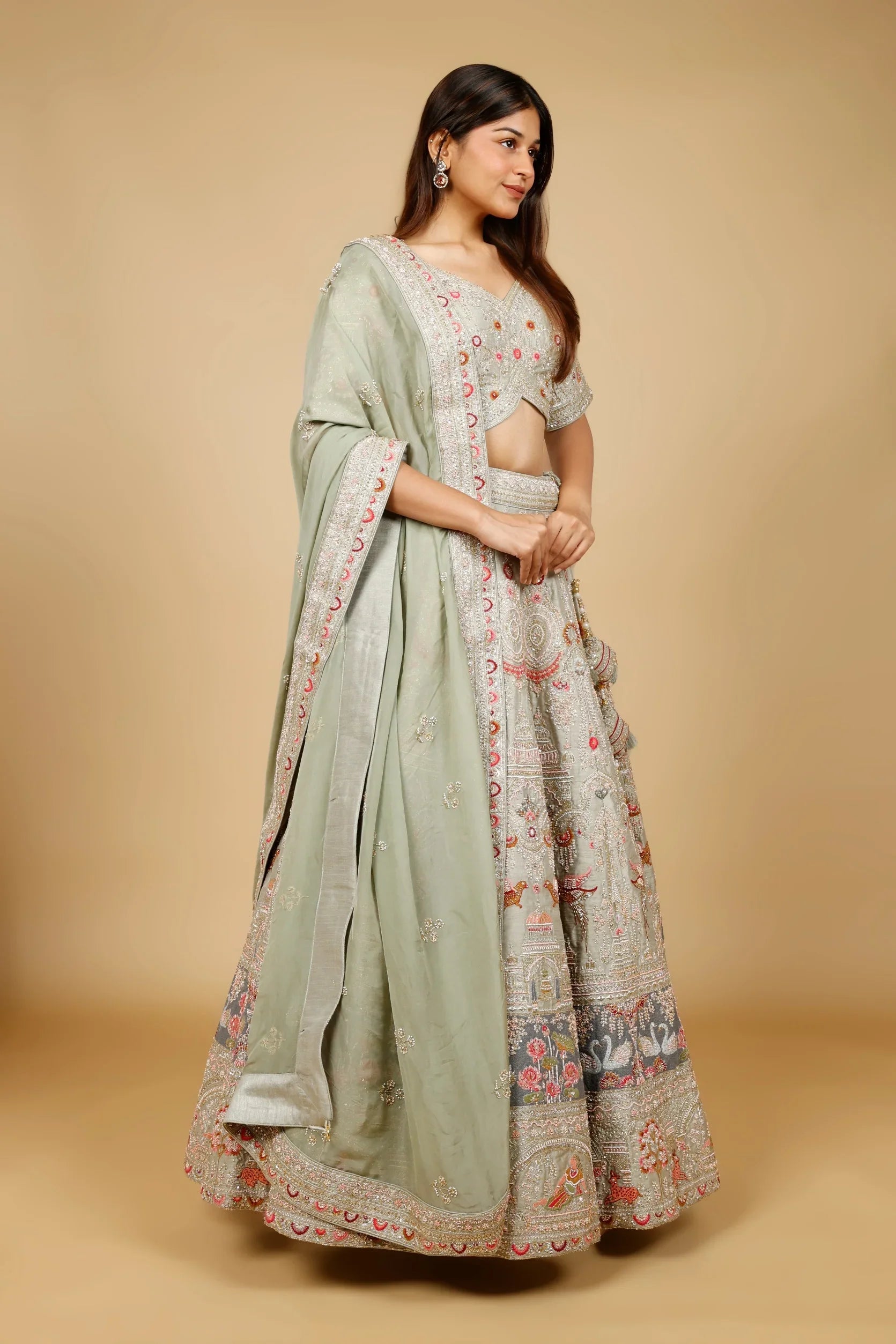 Sage Green Raw Silk Bridal Lehenga Set with Zardozi, Cutdana & Pearl Embroidery