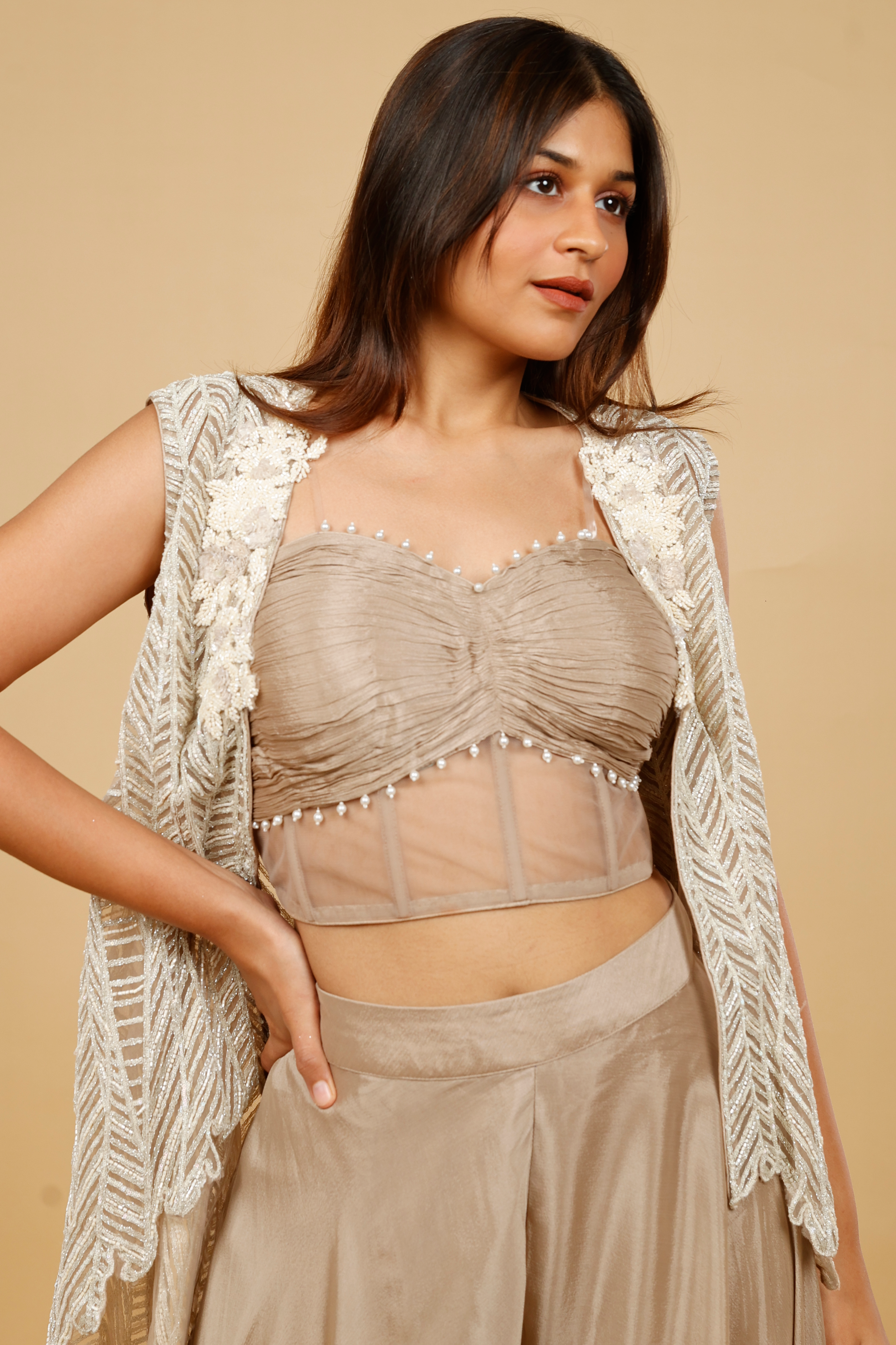 Dark Champagne Crepe Corset Palazzo Set with Embroidered Net Jacket