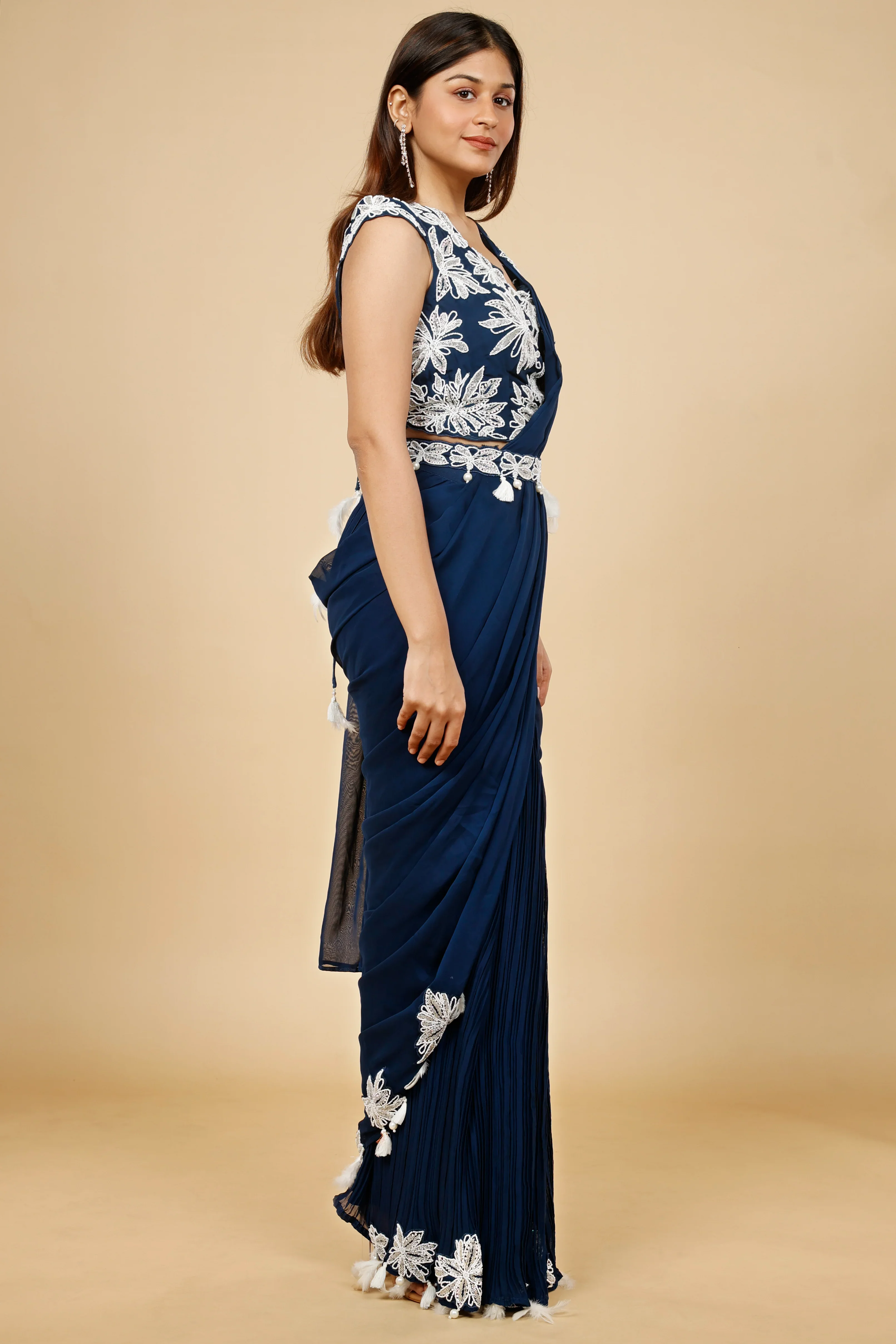 Navy Blue Organza Drape Saree with Kutdana & Pearl Embroidery - Mokshaa