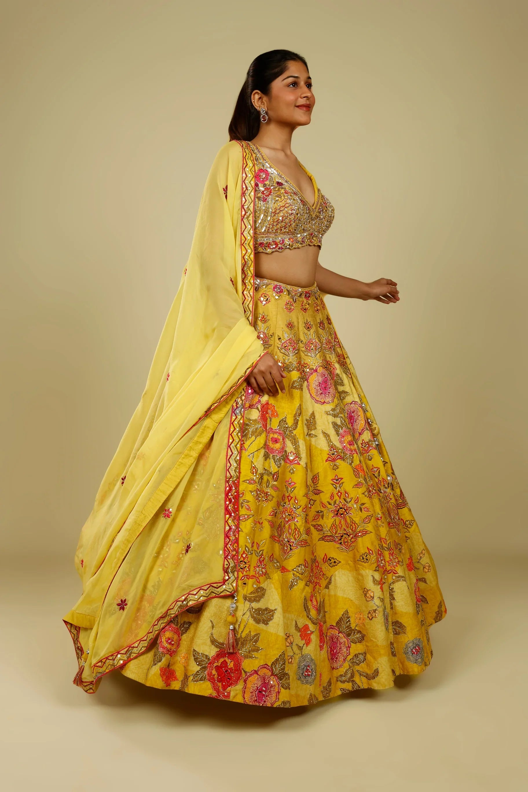 Yellow Silk Printed Lehenga Set with Thread, Mirror & Zari Embroidery | Mokshaa