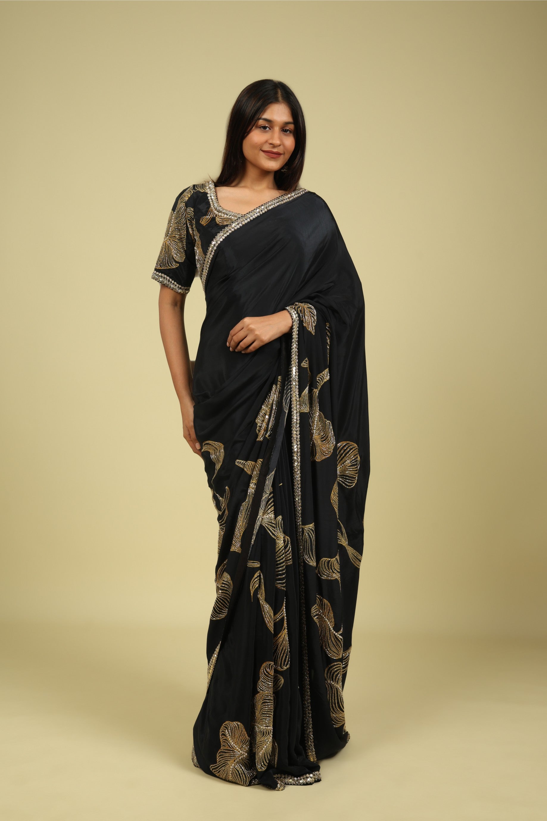Black Satin Saree with Kardana & Sequin Fancy Work