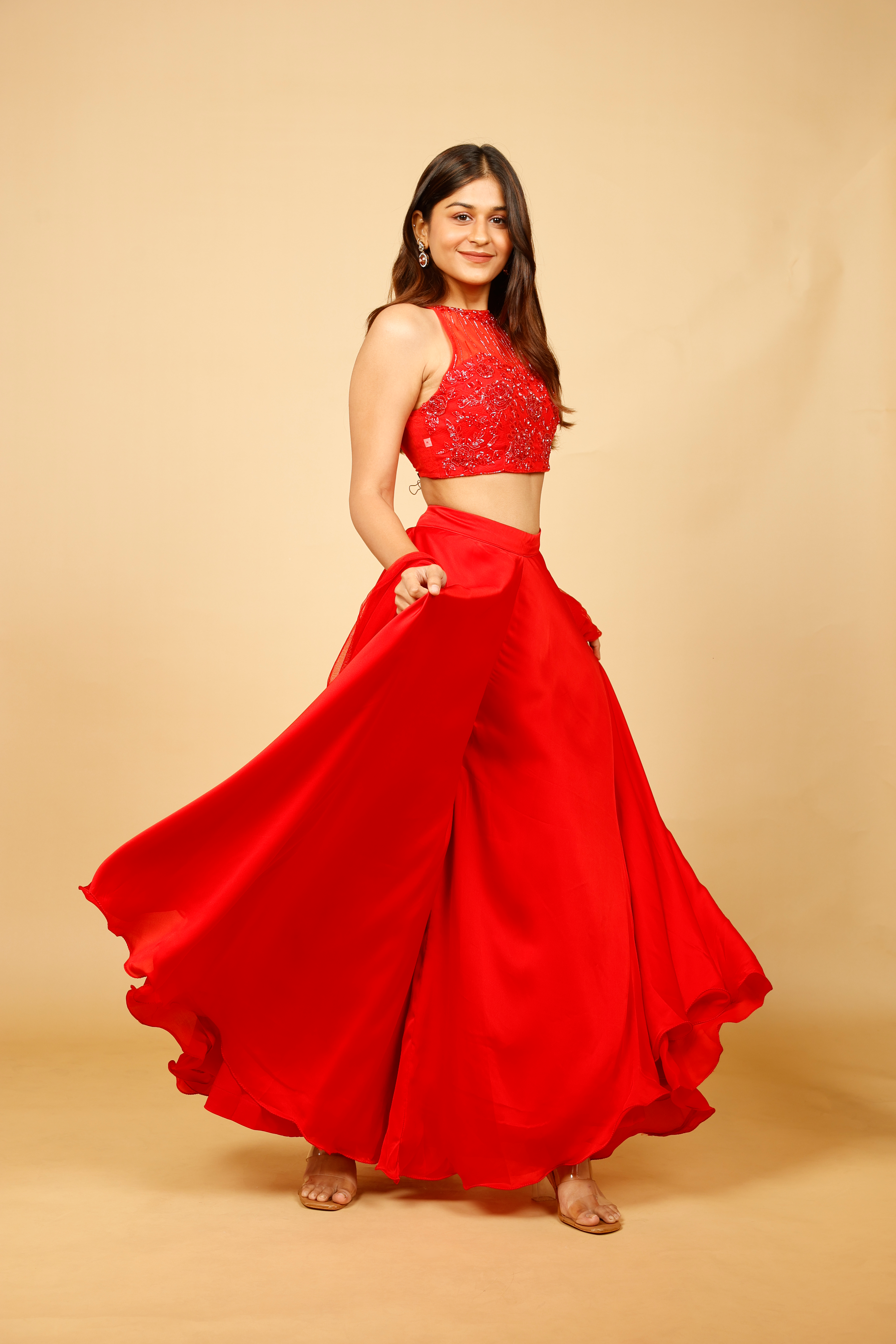 Red Crop Top with Palazzo and Net Dupatta
