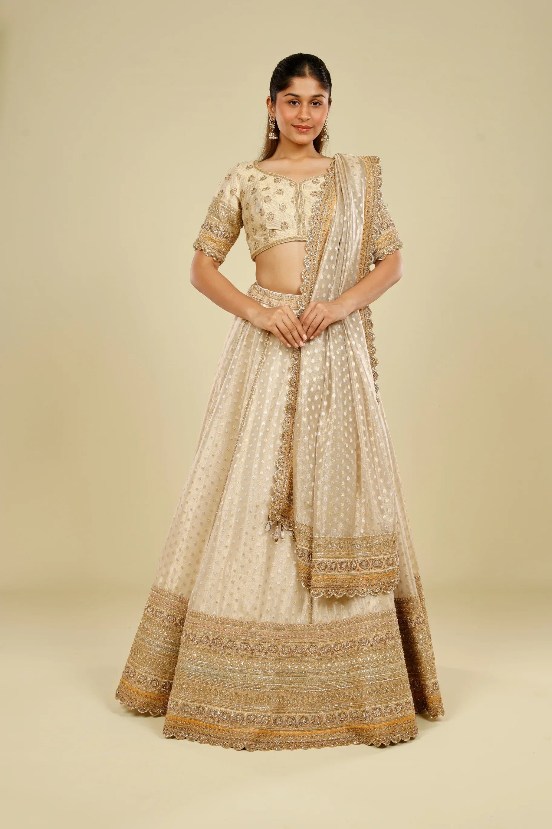 Ivory Banarasi Tissue Organza Lehenga Set with Zardozi, Zari & Sequin Embroidery