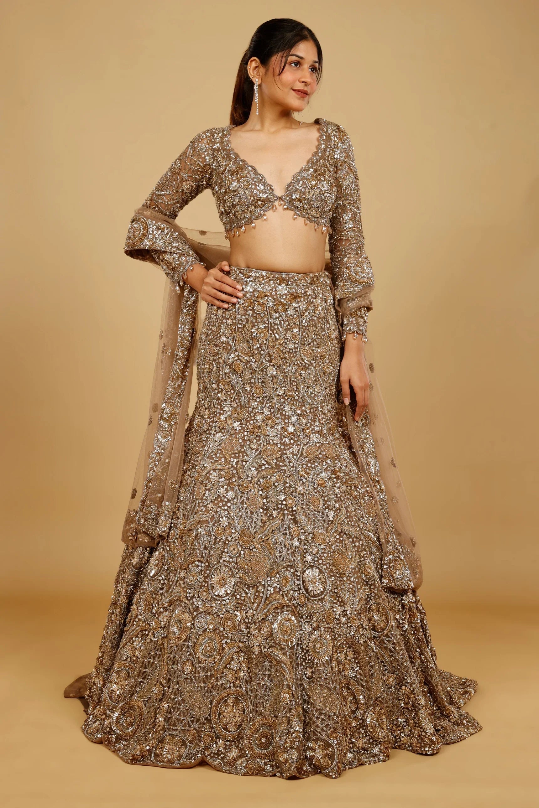 Dark Gold Net Mermaid Lehenga Set with Sequin, Stone & Kutdana Embroidery