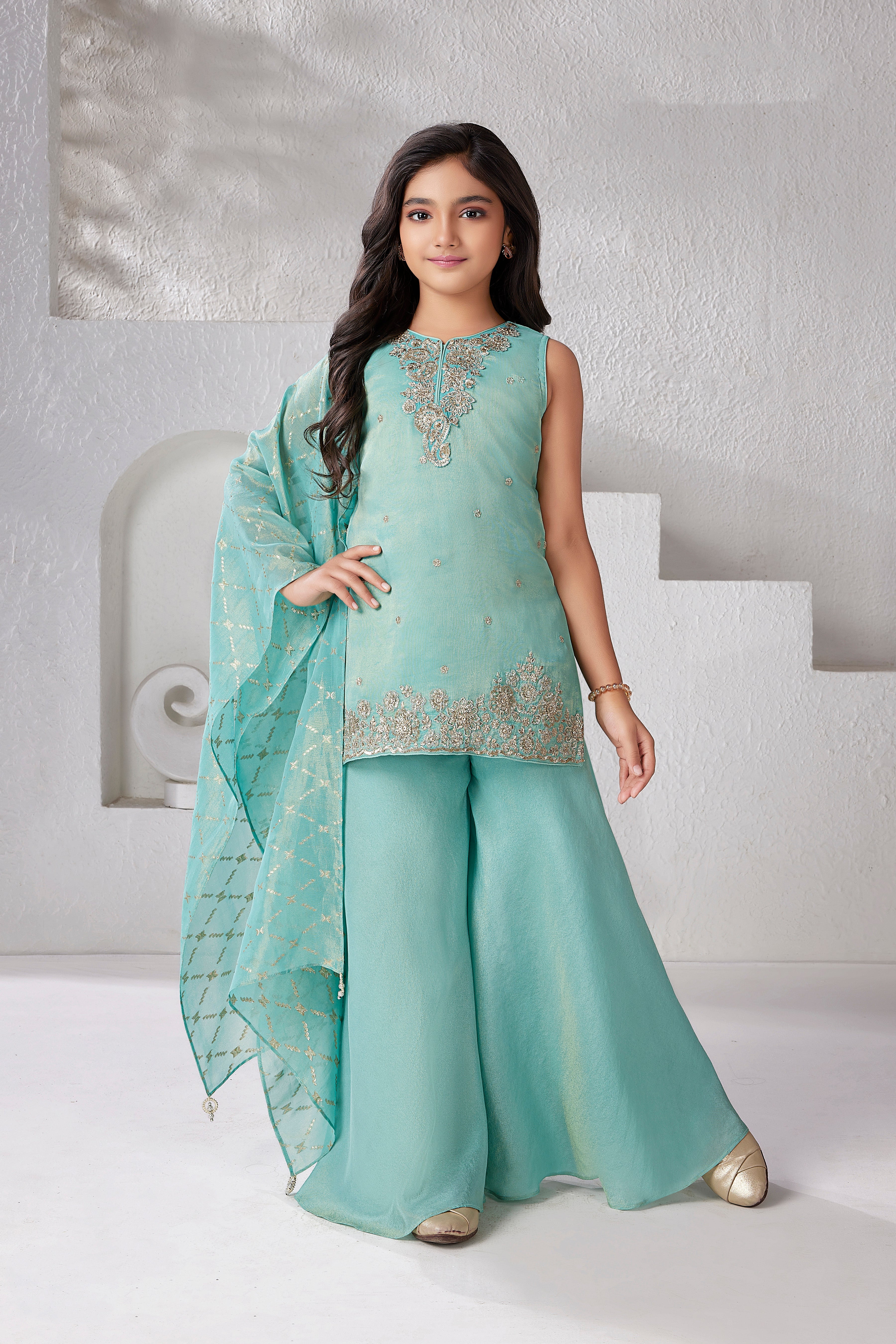 Aqua Green Embroidered Kurti & Palazzo Set for Girls
