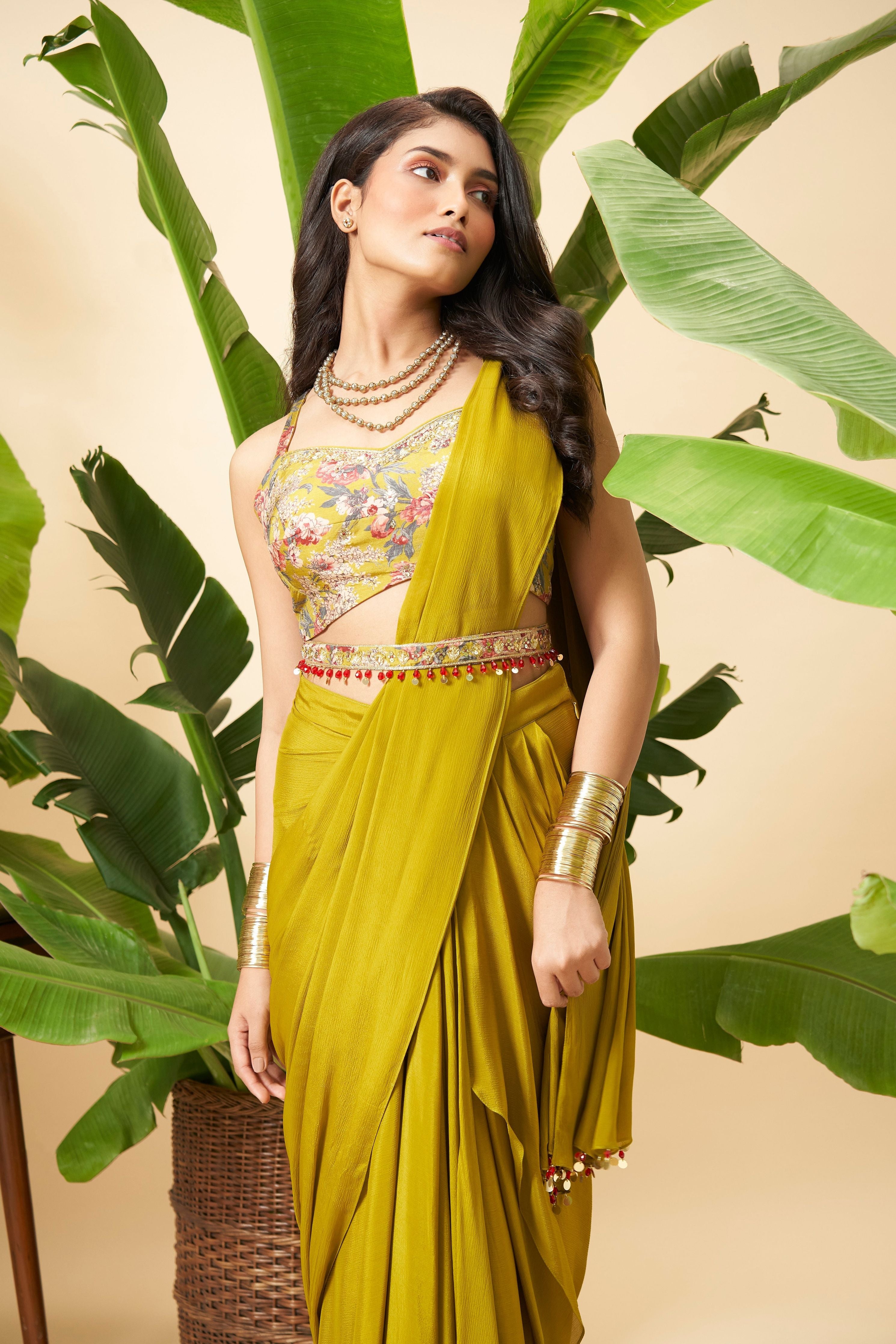 Olive Green Georgette Drape Saree with Floral printed Blouse  Mokshaa