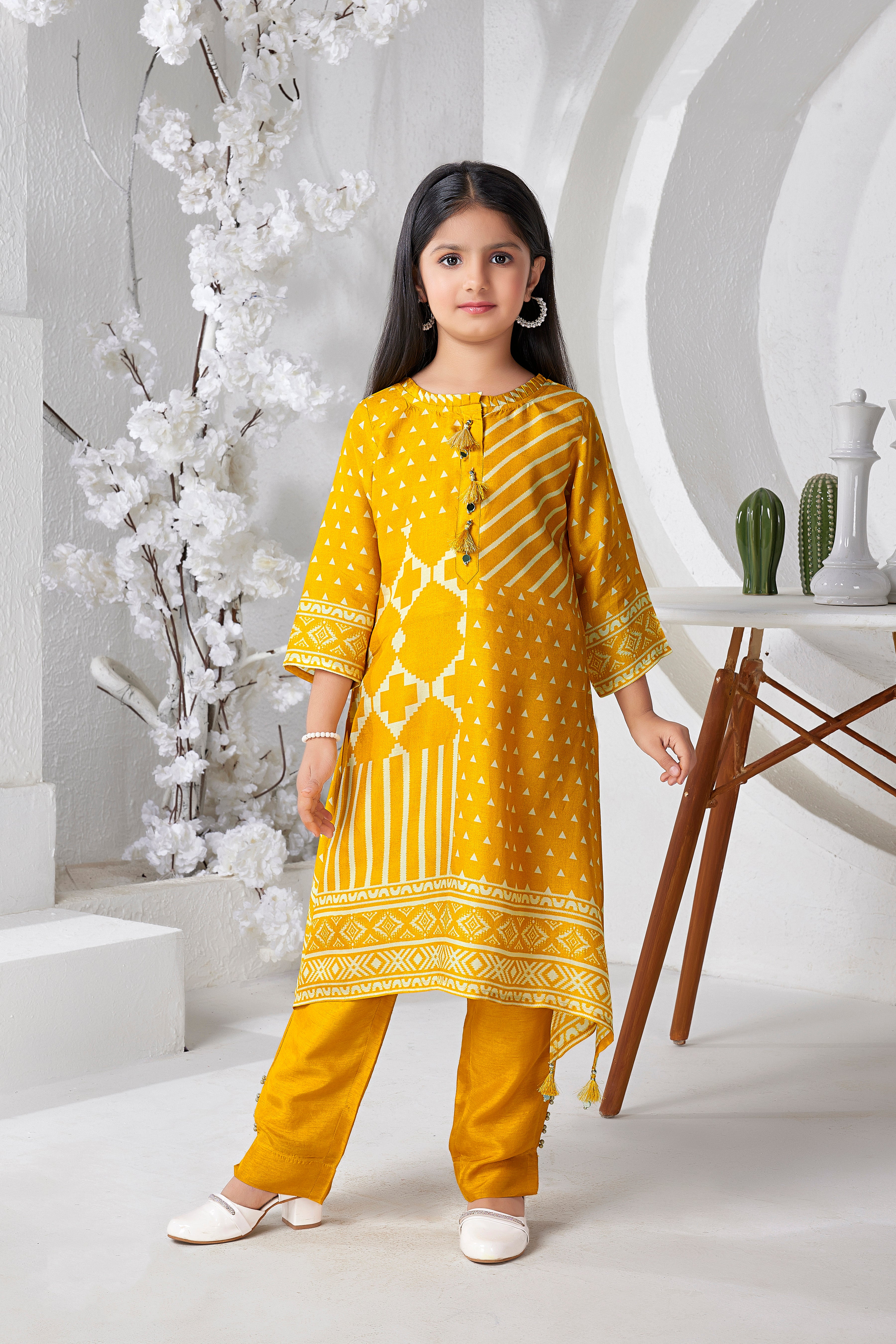 Mustard Yellow Geometric Tribal Print Asymmetric Kurti & Pants Set for Girls