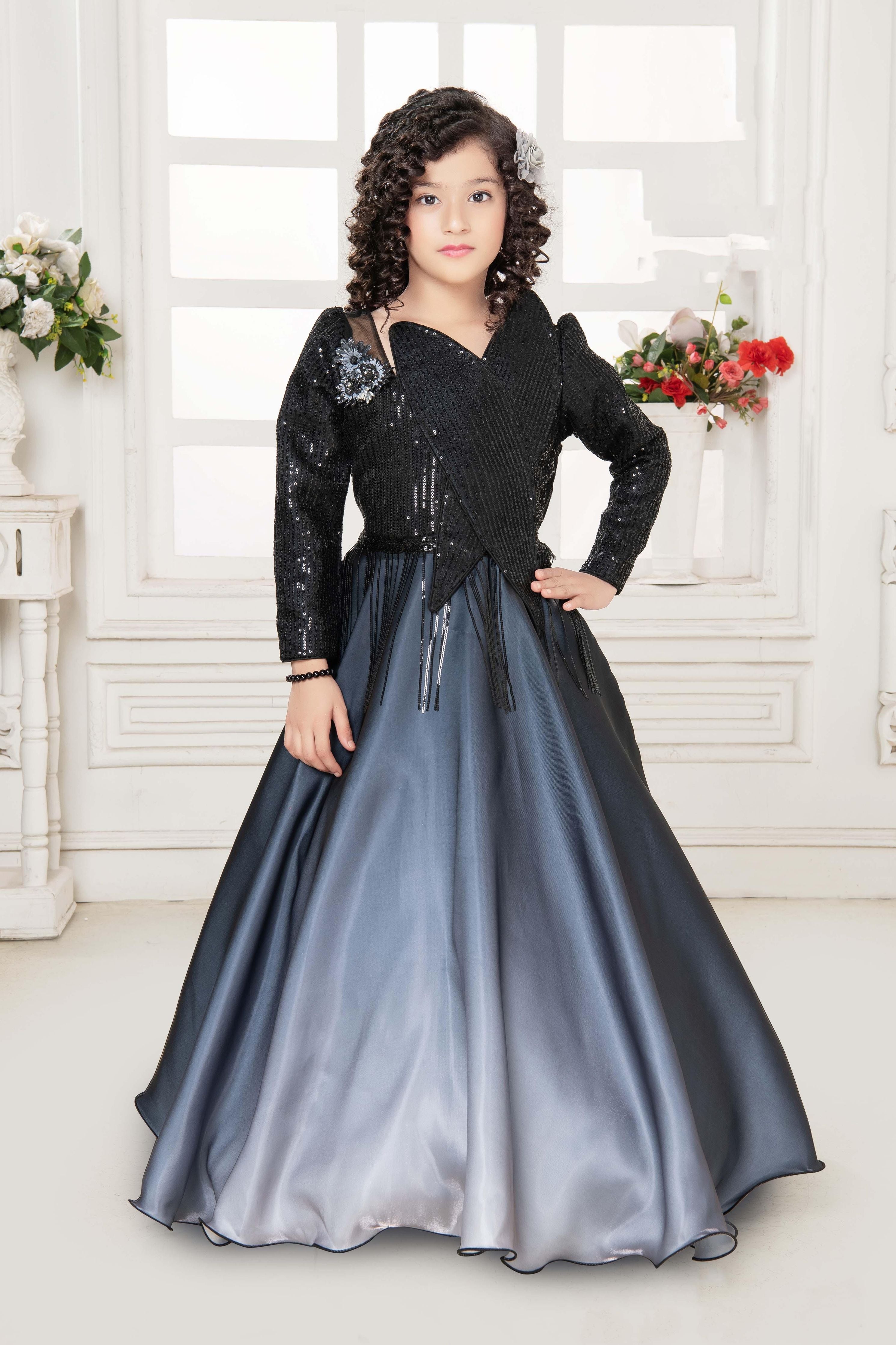 Black Sequin Kids Gown with Ombre Satin Flare - Mokshaa