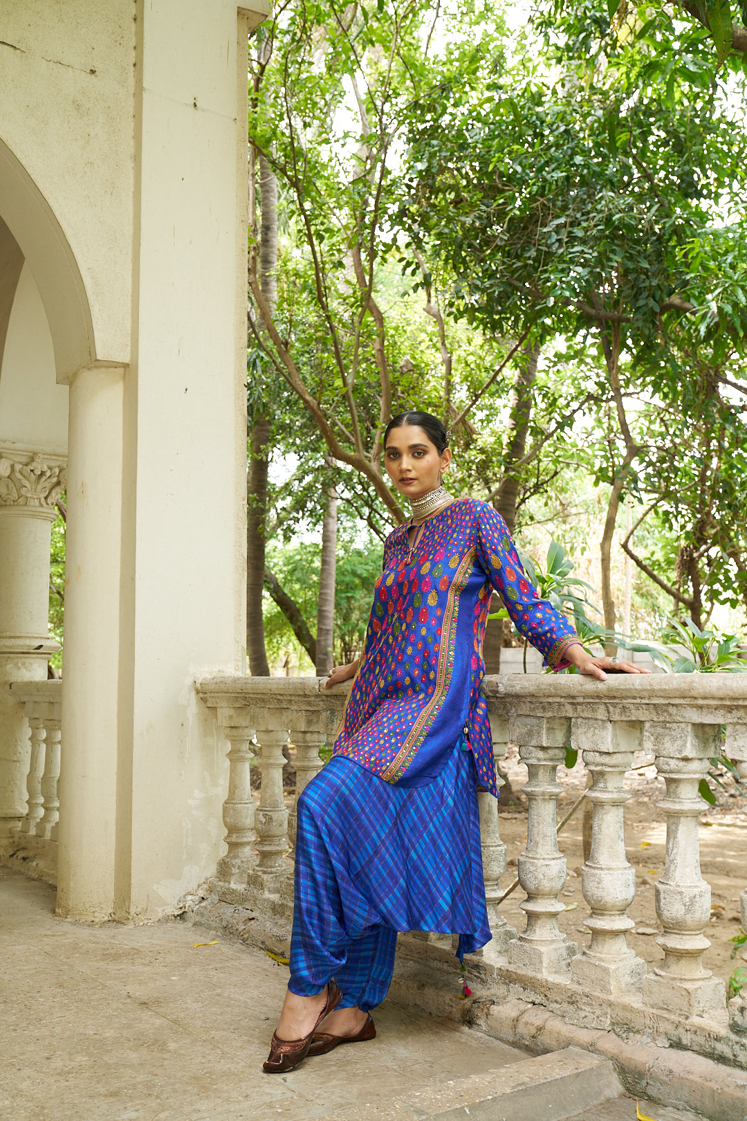 Blue Silk Top with Dhoti Pants - Mokshaa