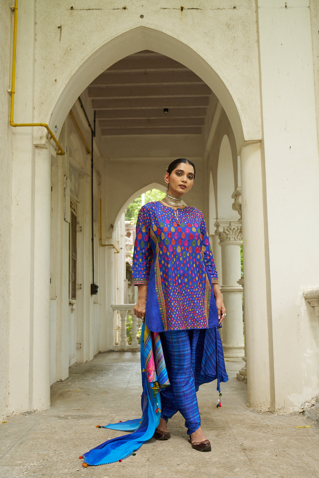 Blue Silk Top with Dhoti Pants - Mokshaa