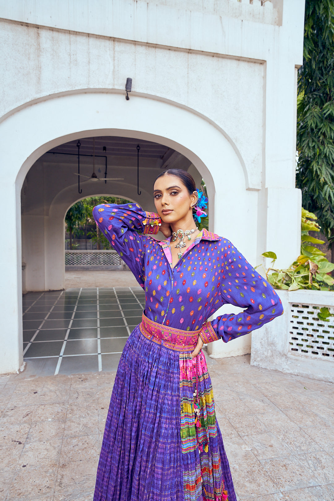 Purple Slub Pleated Embroidered Shirt and Skirt Set - Mokshaa