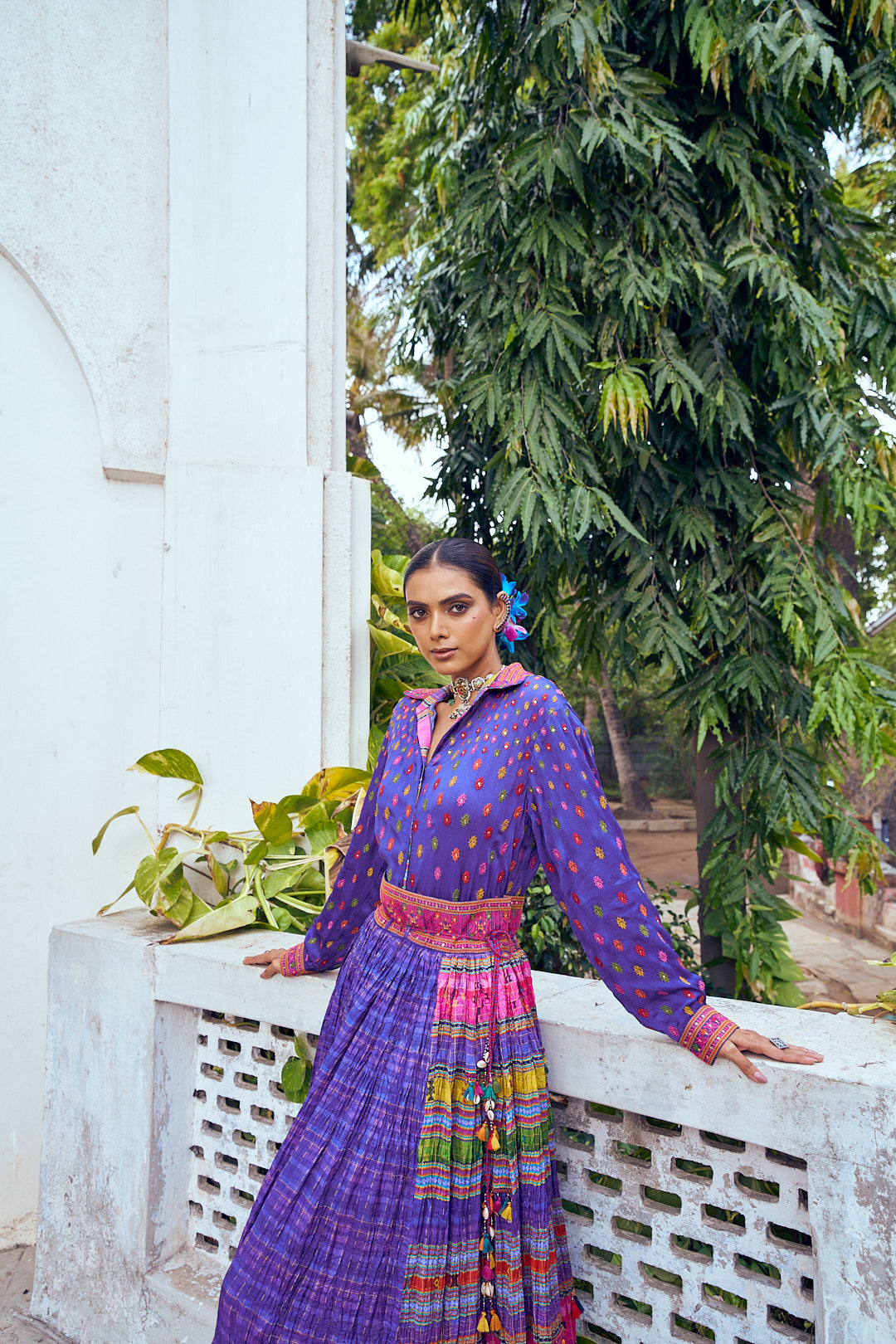 Purple Slub Pleated Embroidered Shirt and Skirt Set - Mokshaa