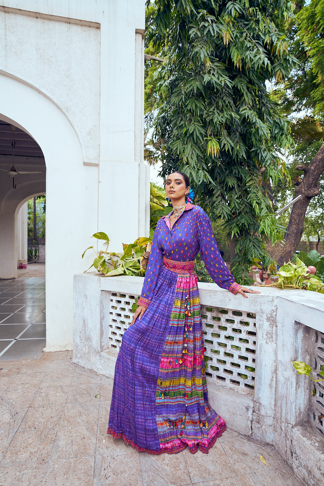 Purple Slub Pleated Embroidered Shirt and Skirt Set - Mokshaa