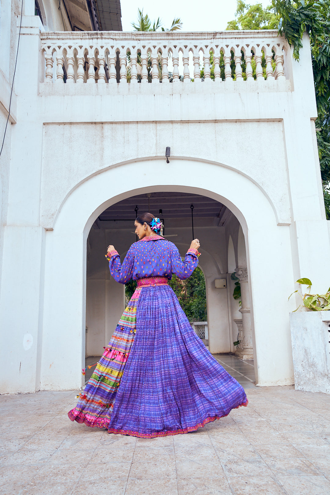 Purple Slub Pleated Embroidered Shirt and Skirt Set - Mokshaa