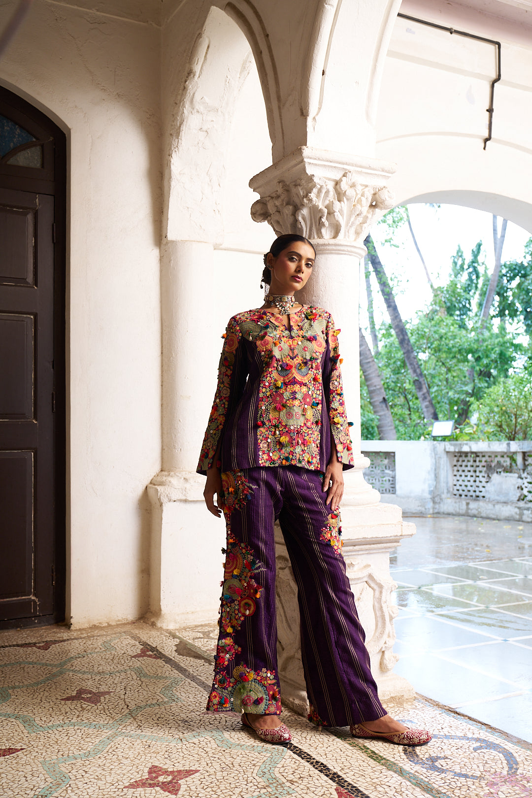 Purple Slub Silk Indo-Western Top with Palazzo Pants - Mokshaa