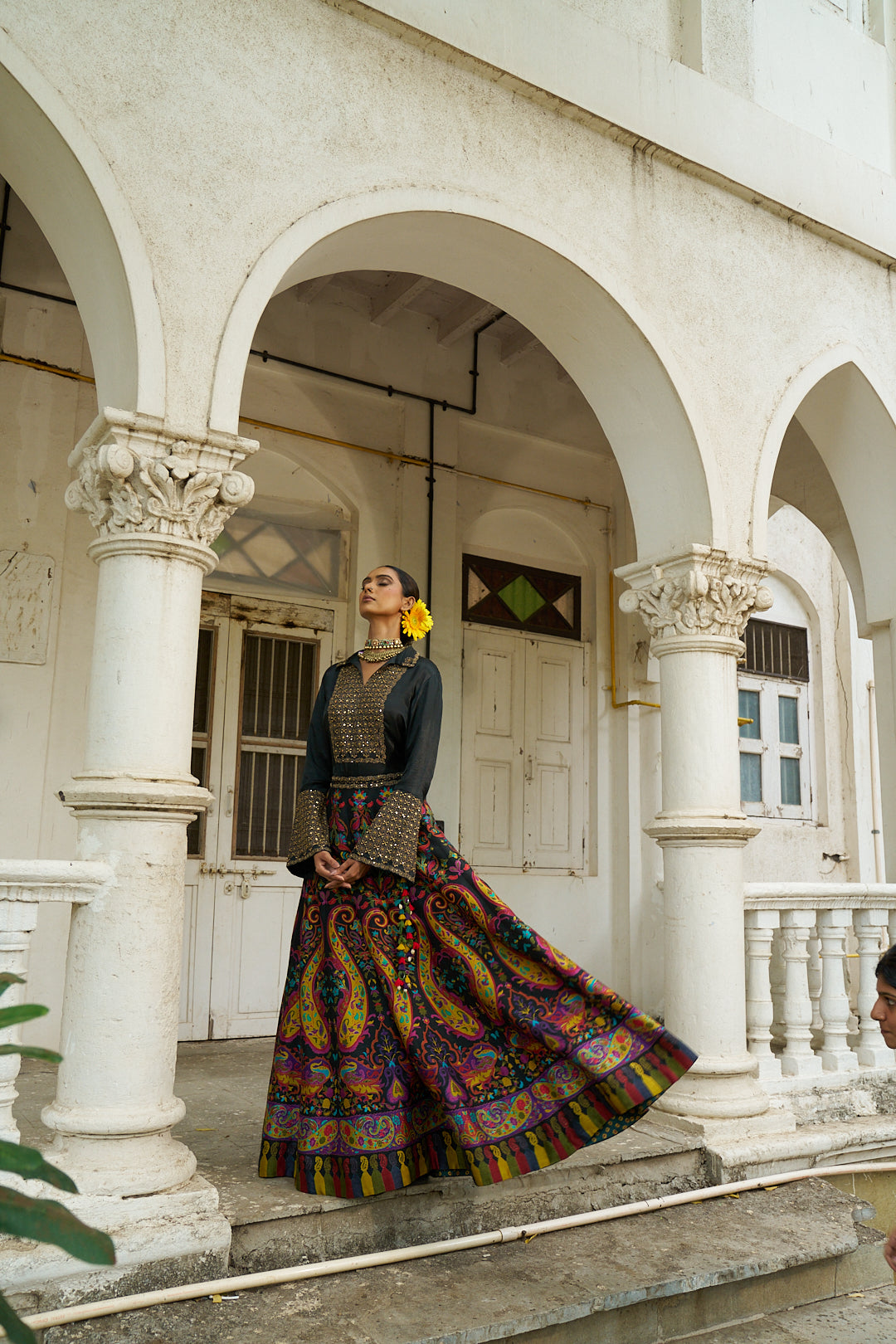 Black Satin Embroidered Shirt with a Multicolour Printed Silk Skirt Set - Mokshaa