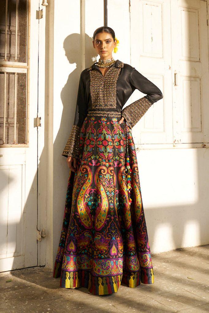 Black Satin Embroidered Shirt with a Multicolour Printed Silk Skirt Set - Mokshaa