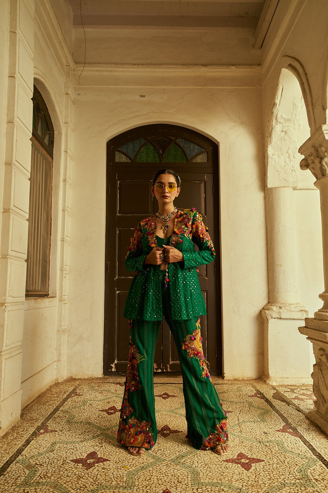 Forest Green Soft Organza Jacket Set with Silk Palazzo Pants - Mokshaa