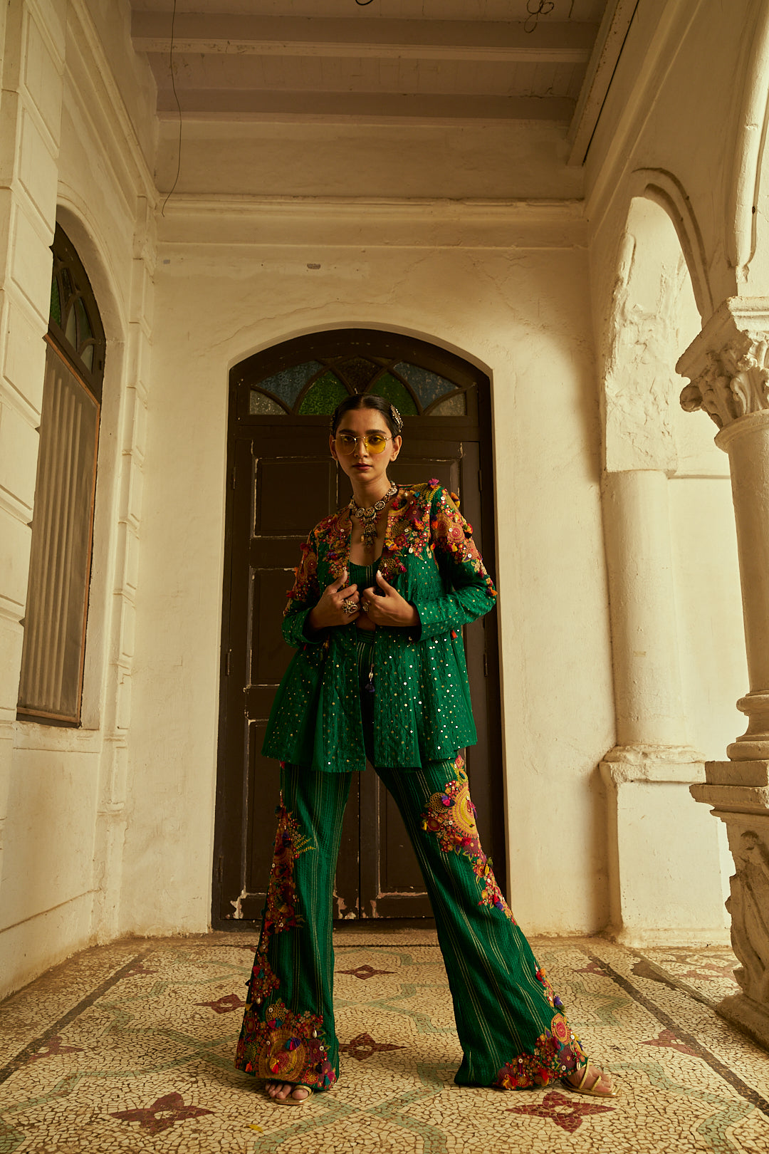 Forest Green Soft Organza Jacket Set with Silk Palazzo Pants - Mokshaa