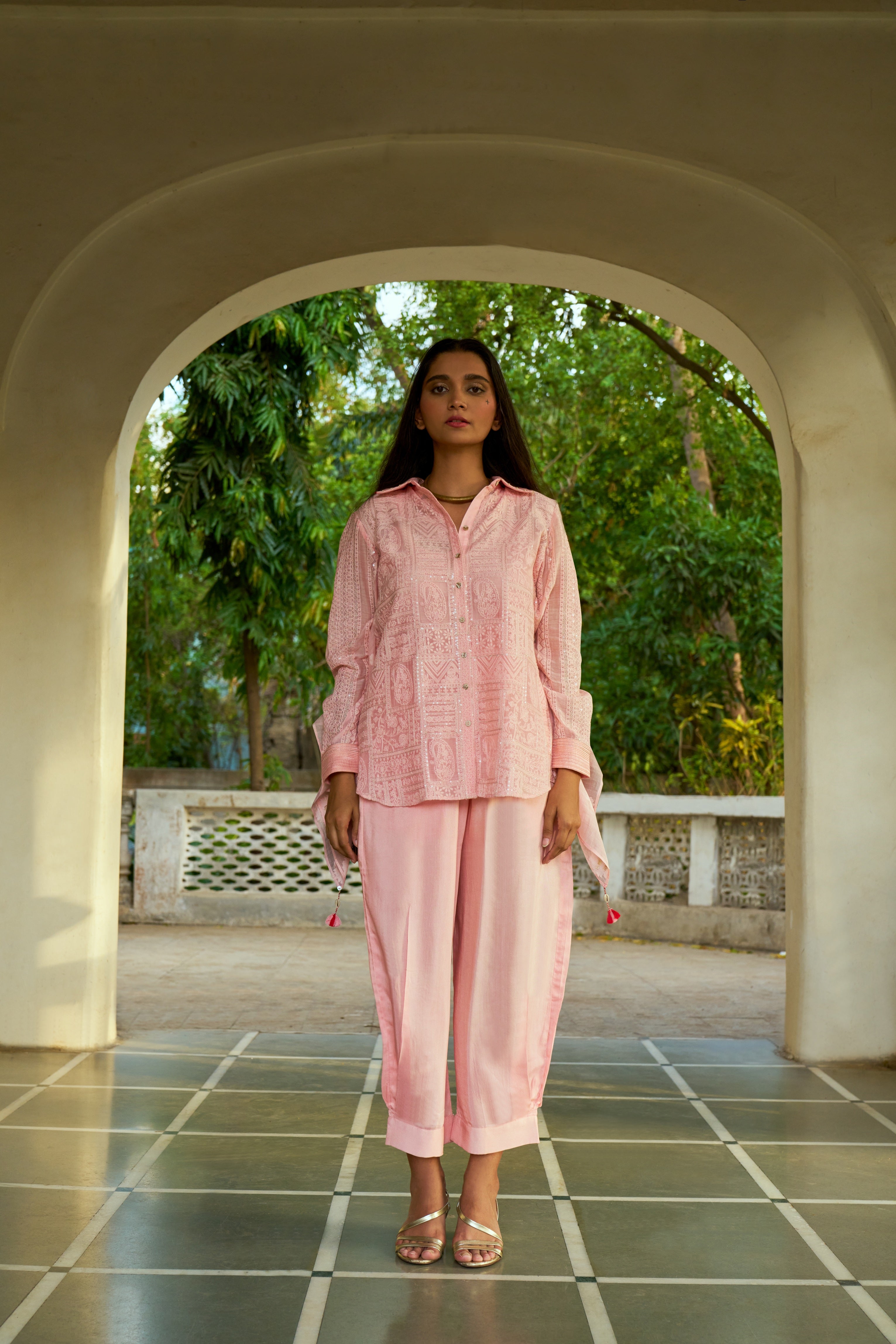 Pink Organza Chikankari Back-Tie Up Asymmetric Shirt - Mokshaa