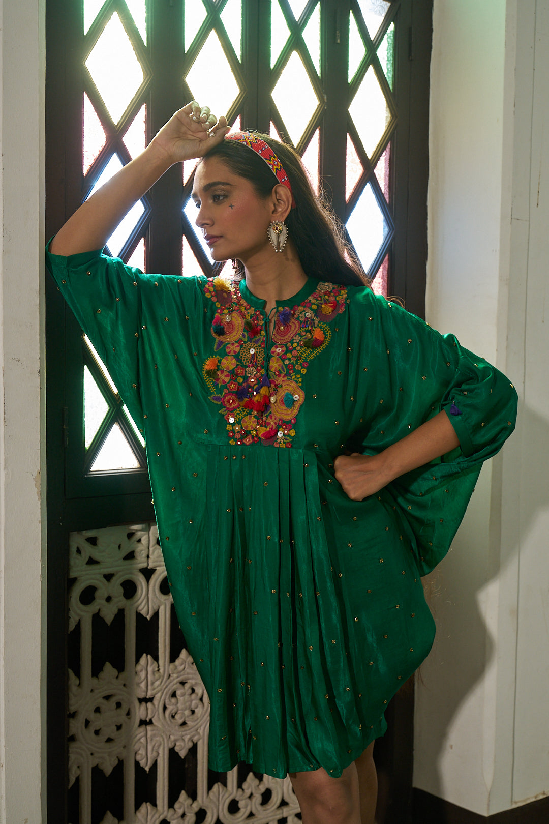 Green Silk Tunic Dress with Thread Embroidery - Mokshaa