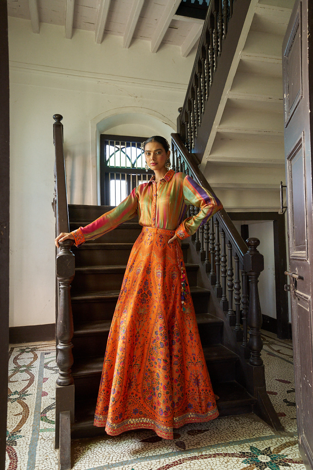 Multicolor Satin Shirt with Printed Silk Skirt - Mokshaa