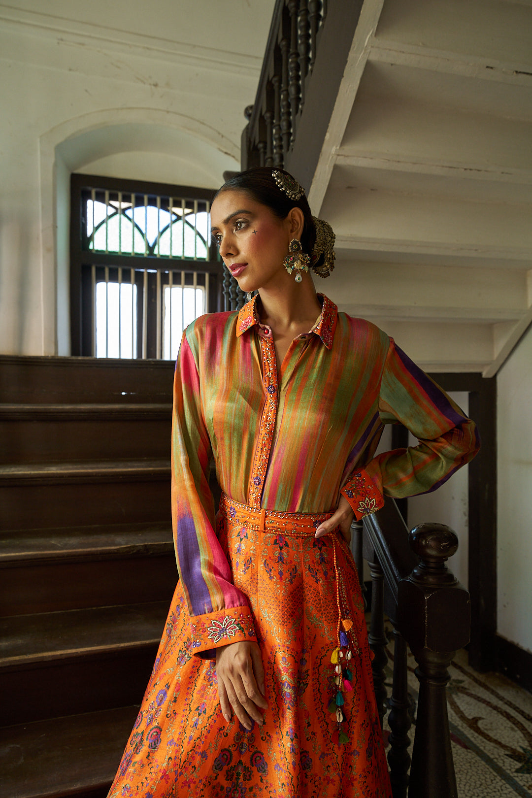 Multicolor Satin Shirt with Printed Silk Skirt - Mokshaa