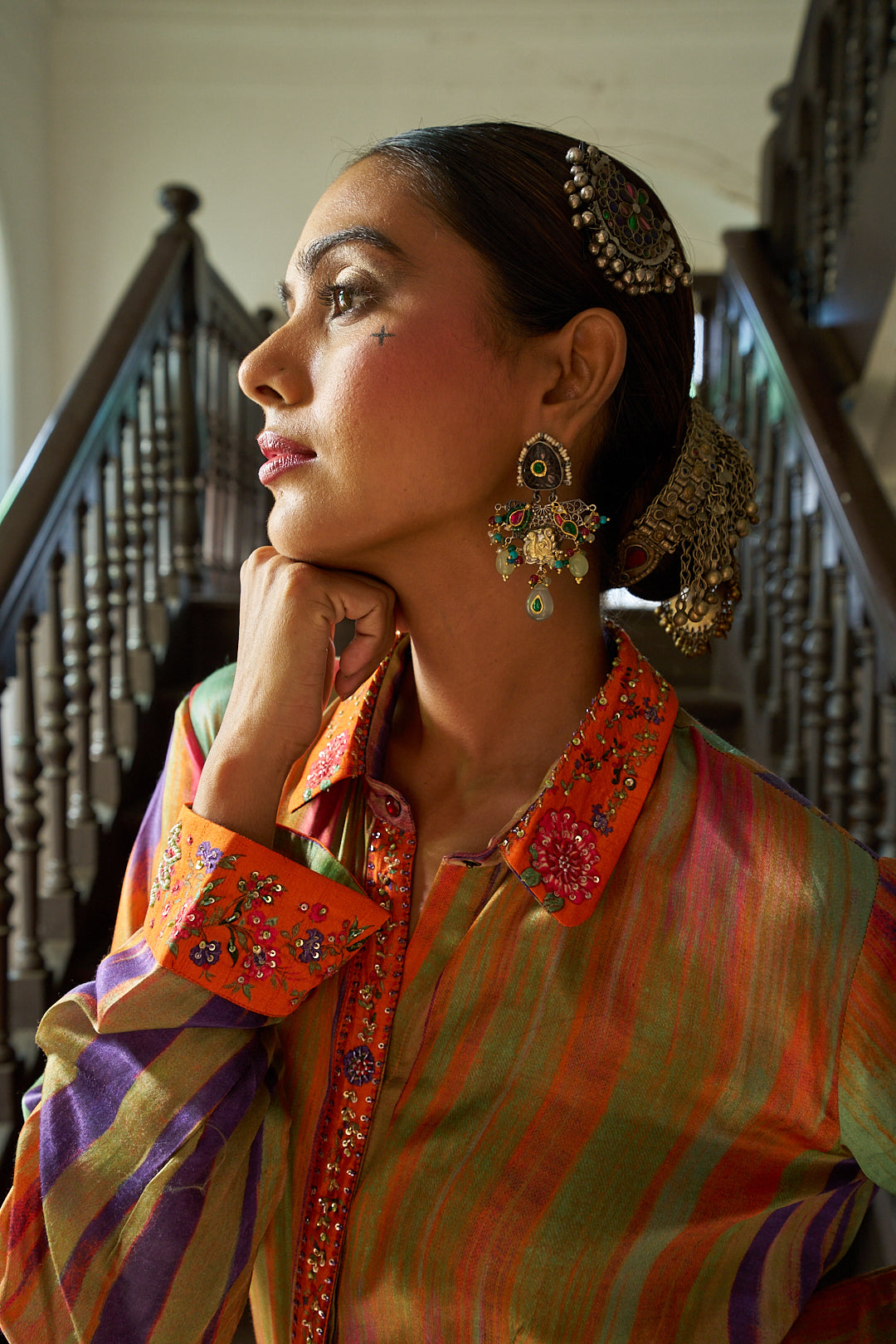 Multicolor Satin Shirt with Printed Silk Skirt - Mokshaa