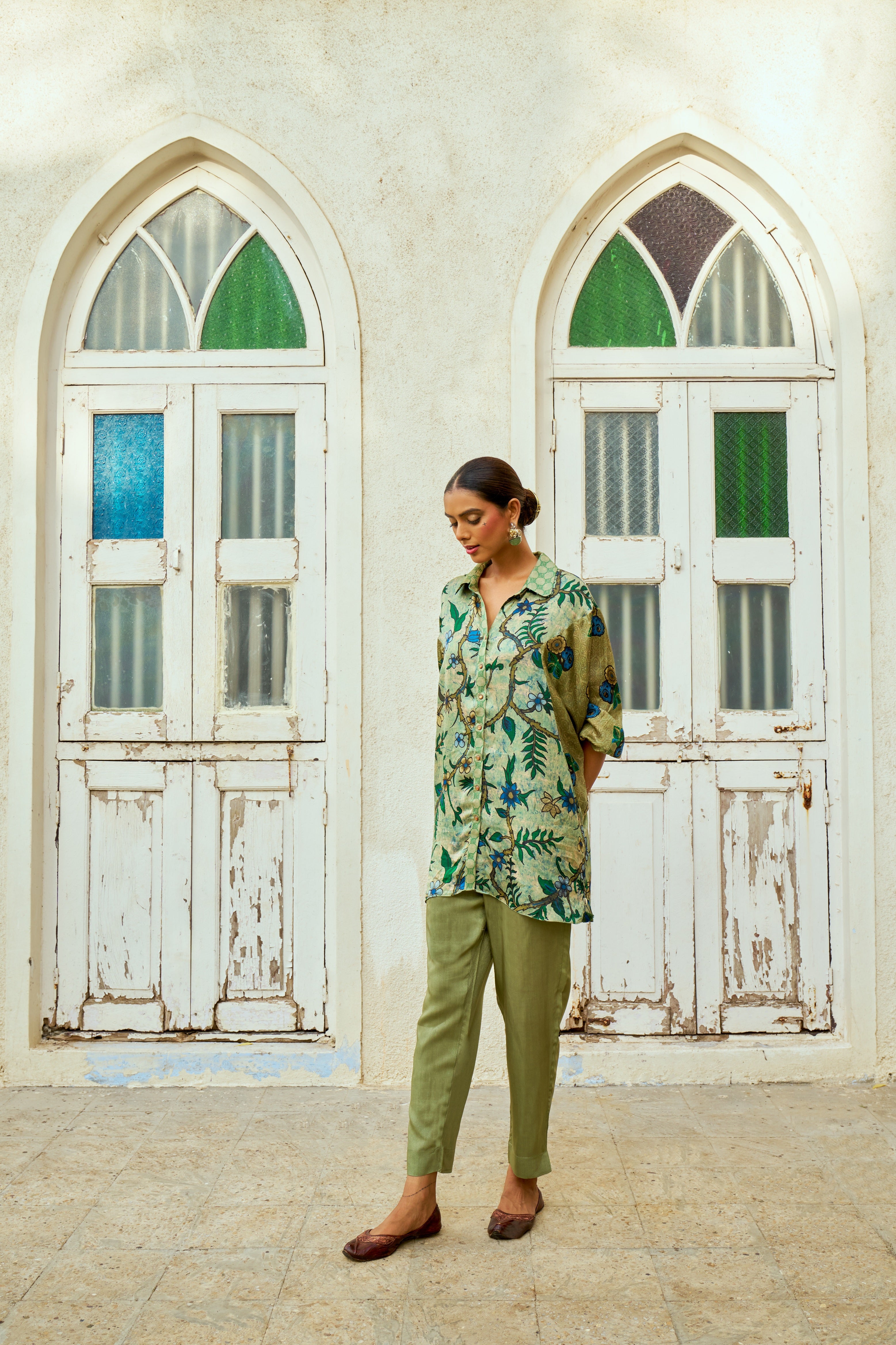 Green Floral Printed Modal Silk Shirt - Mokshaa