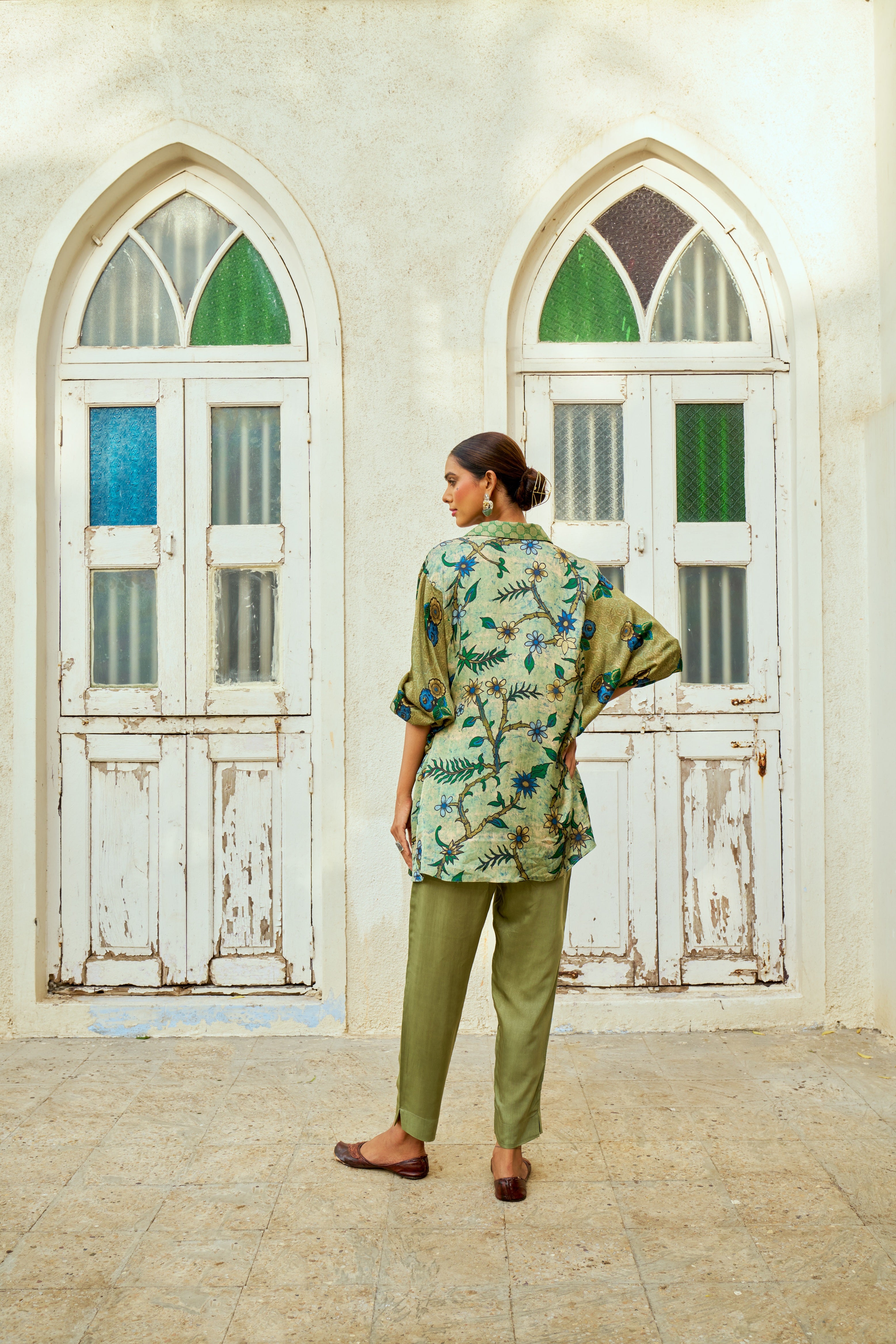 Green Floral Printed Modal Silk Shirt - Mokshaa