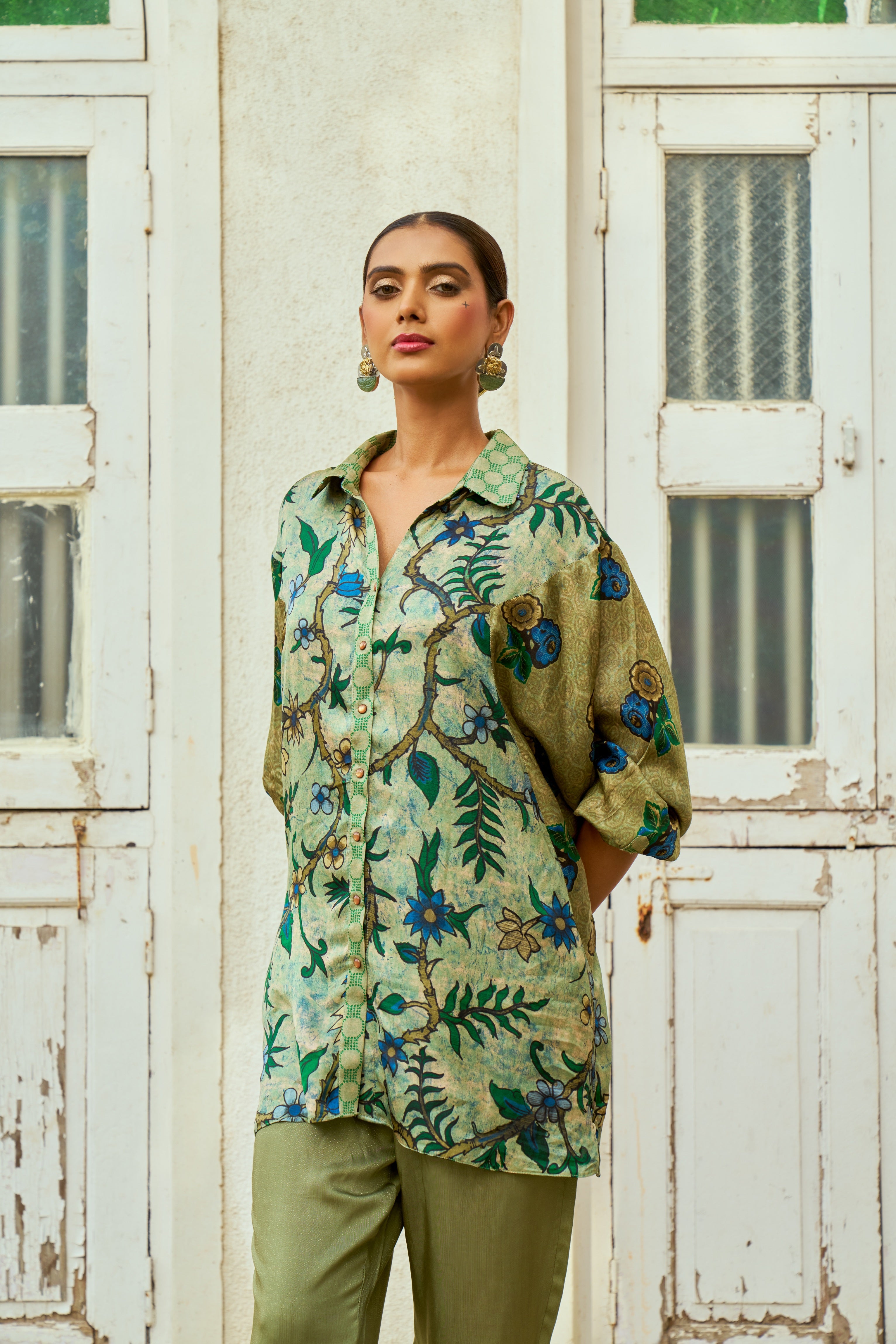 Green Floral Printed Modal Silk Shirt - Mokshaa