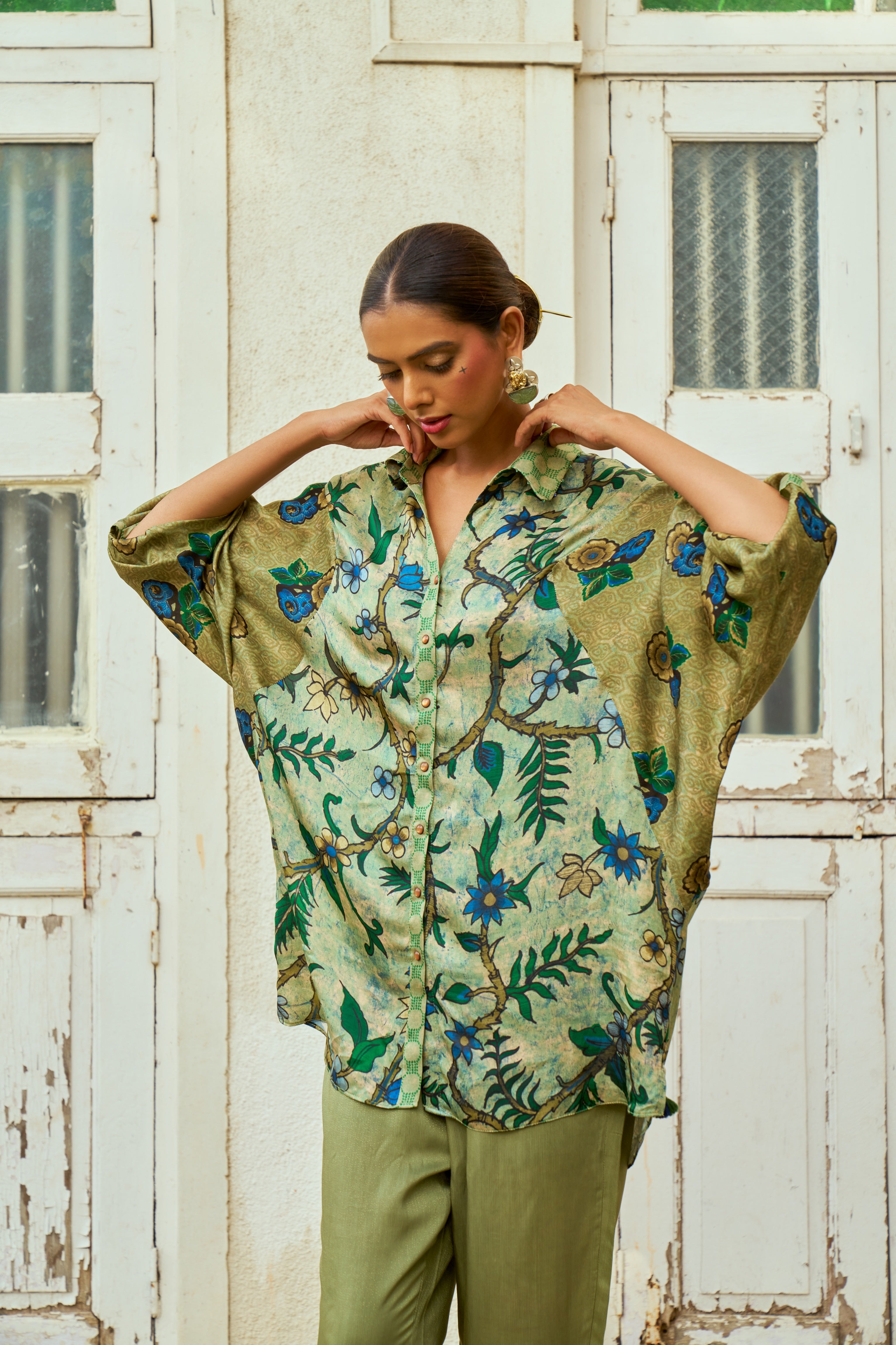 Green Floral Printed Modal Silk Shirt - Mokshaa