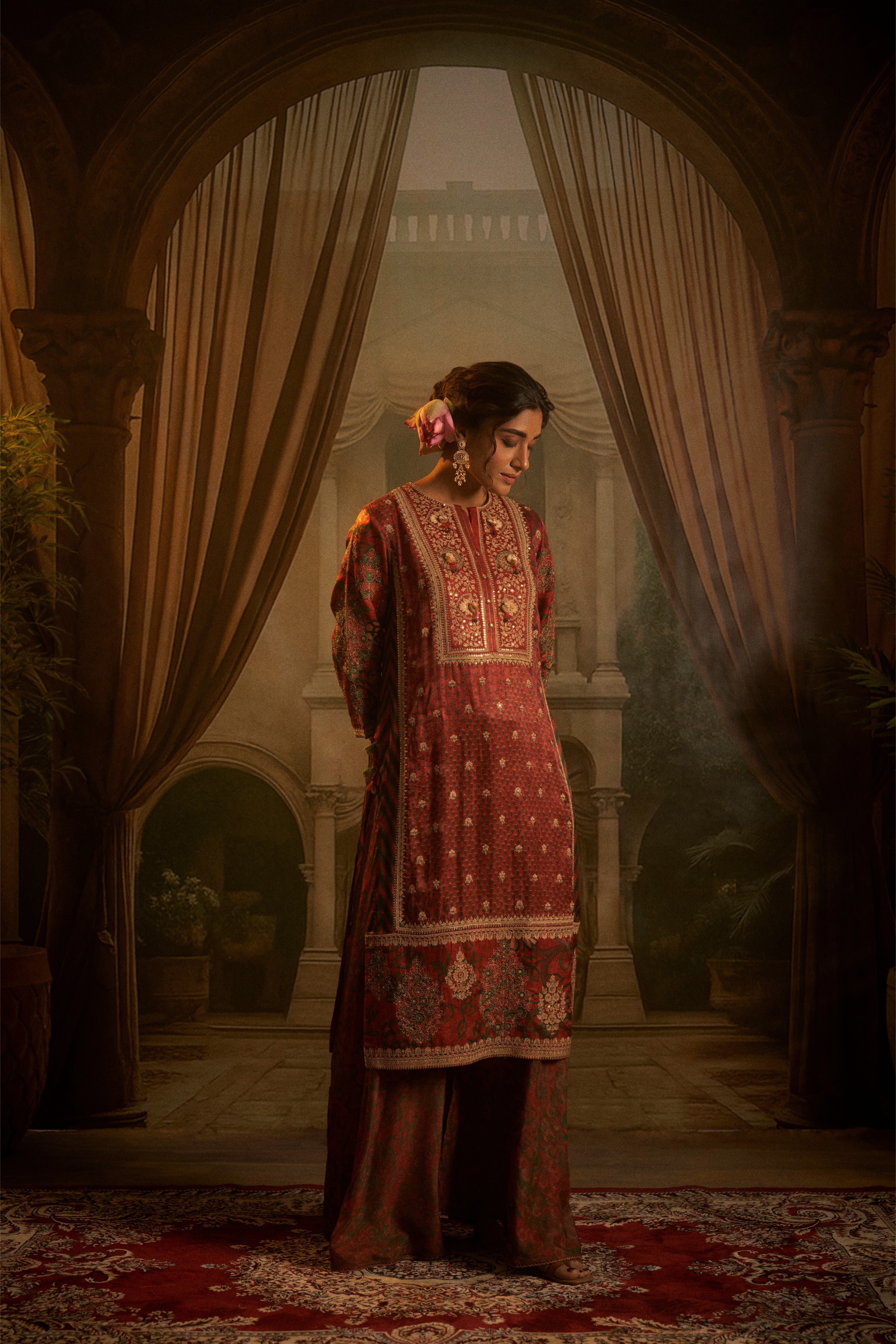 Rust Red Silk Embroidered Kurta Set with Contrasting Green Crushed Dupatta