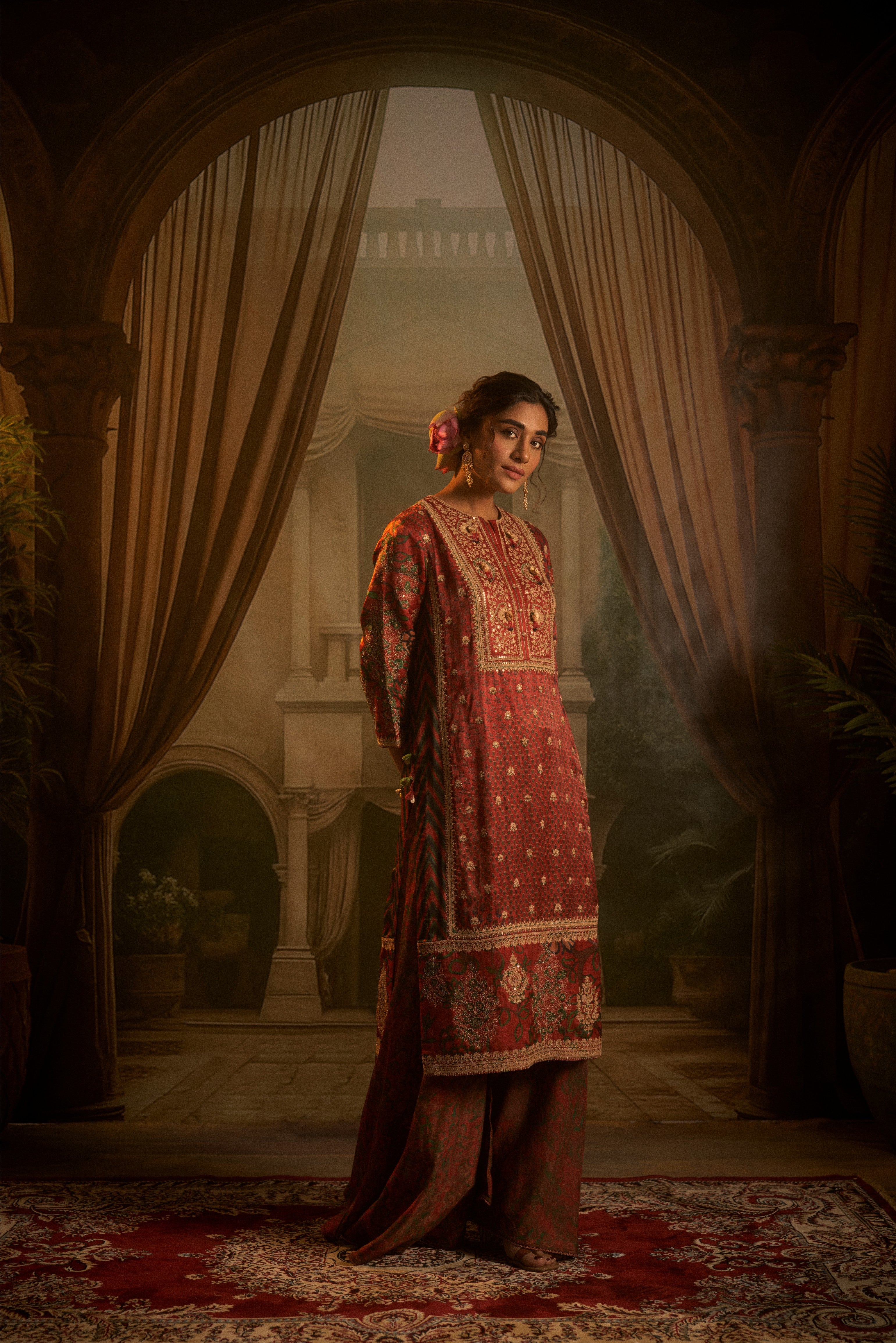 Rust Red Silk Embroidered Kurta Set with Contrasting Green Crushed Dupatta