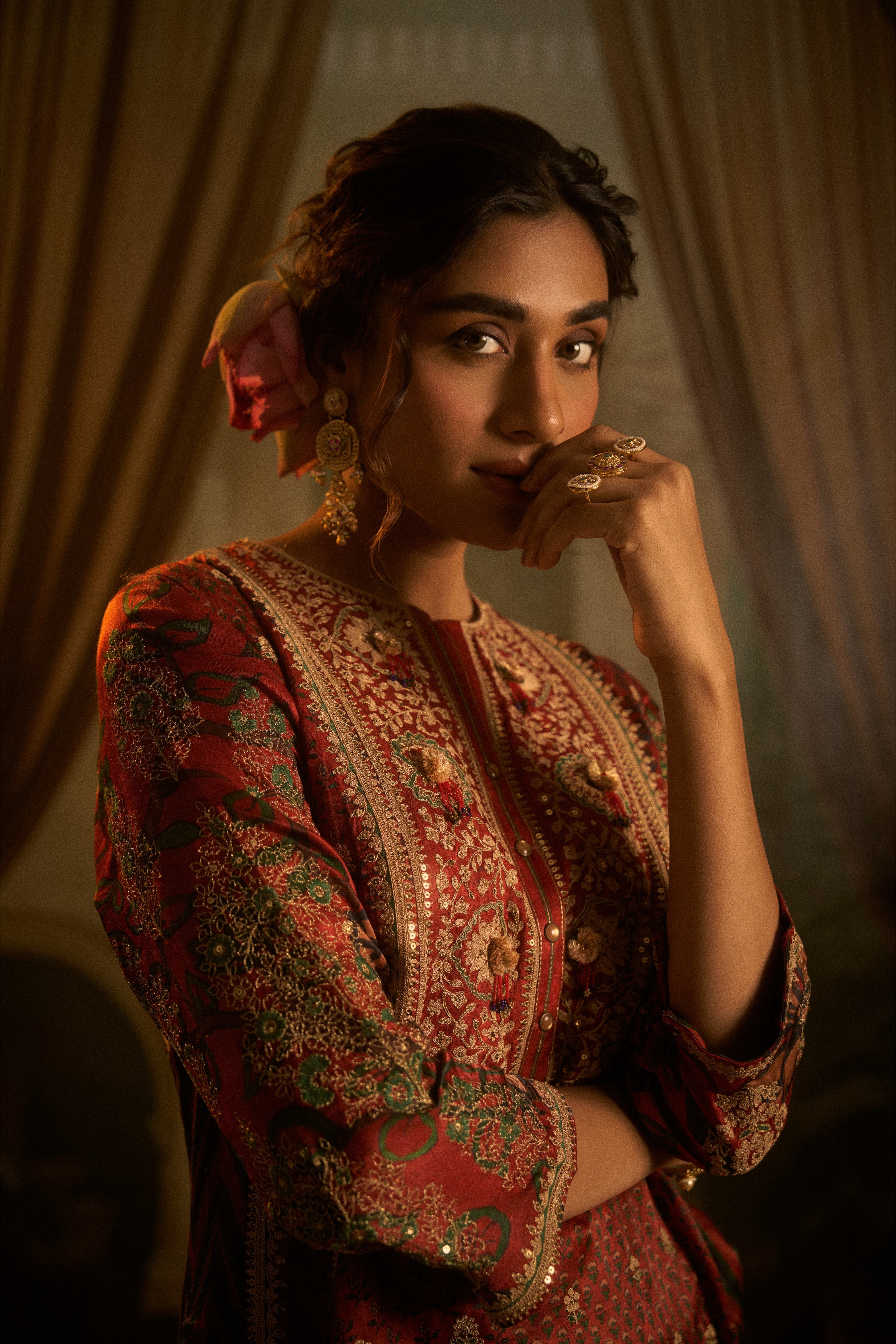 Rust Red Silk Embroidered Kurta Set with Contrasting Green Crushed Dupatta