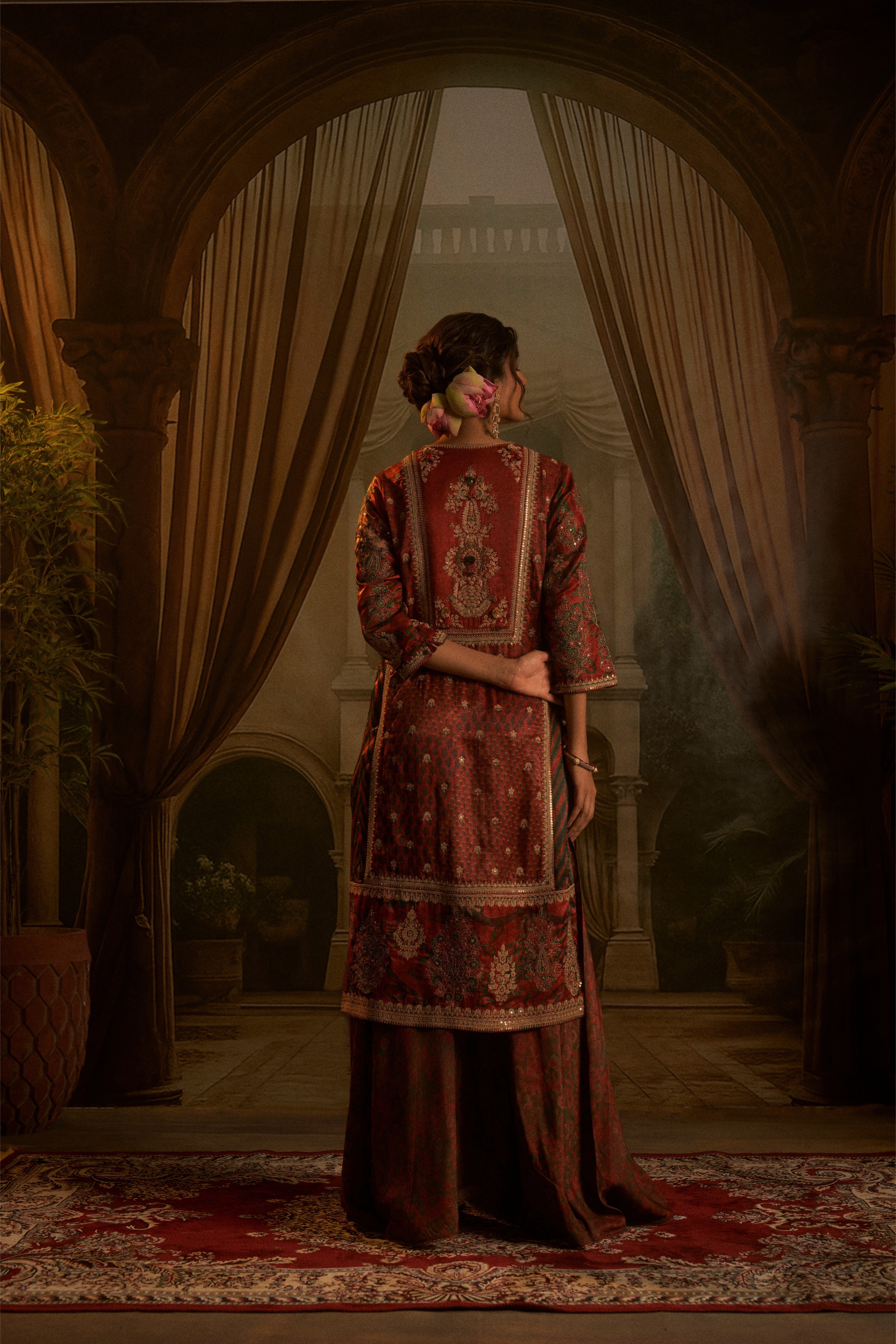 Rust Red Silk Embroidered Kurta Set with Contrasting Green Crushed Dupatta