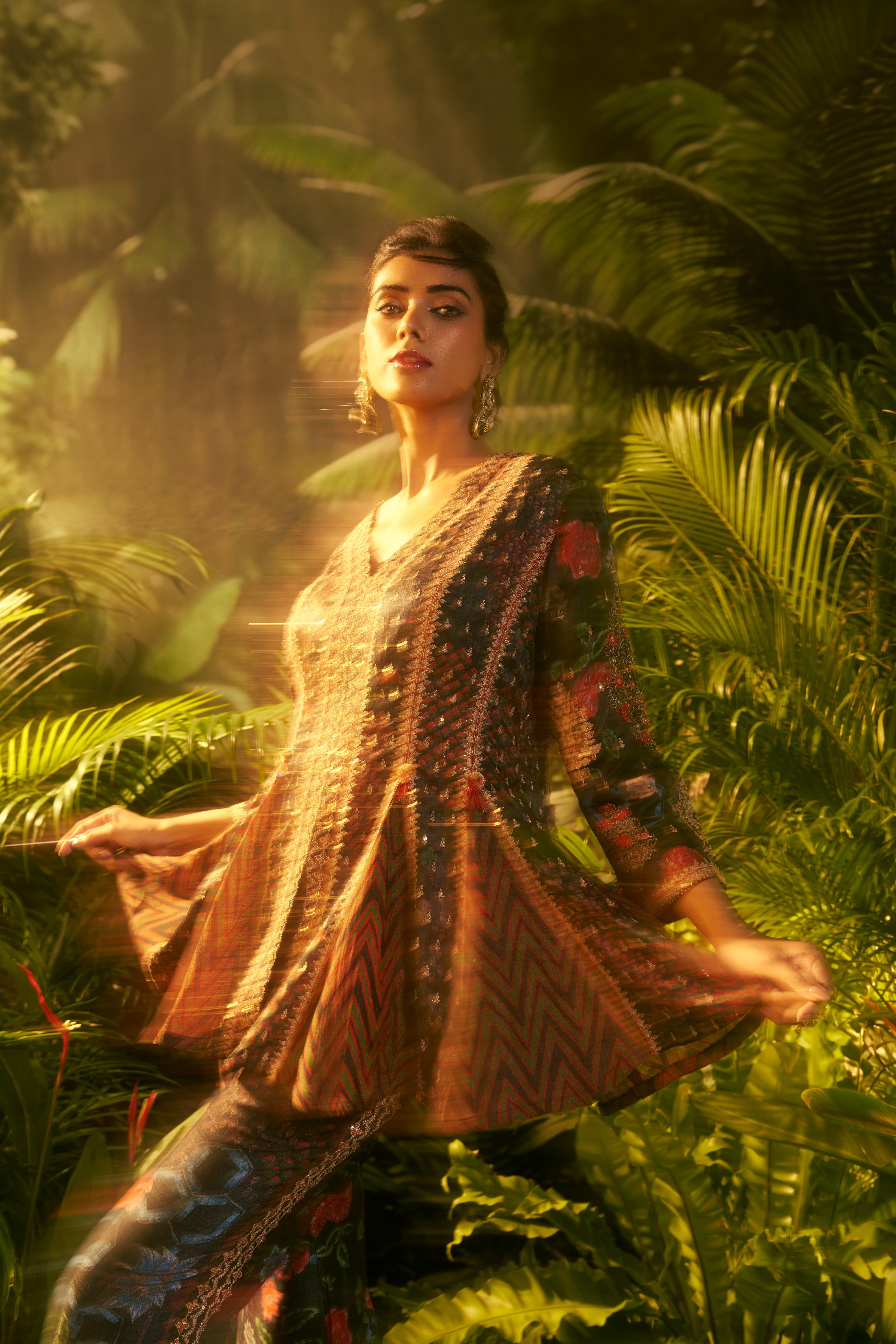 Dark Green Multicolour Peplum Co-ord Set