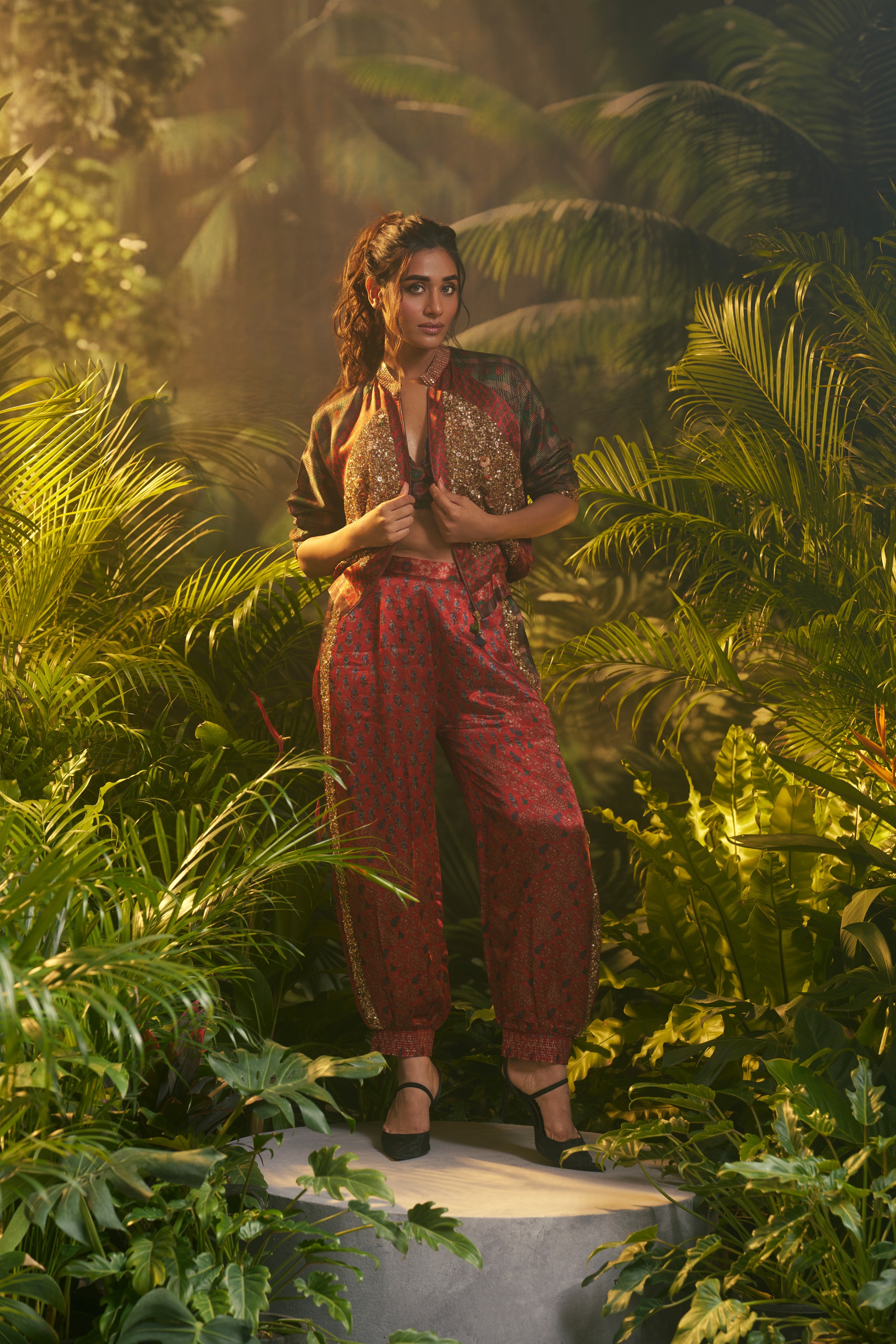 Red and Olive Embroidered Indo-western Set