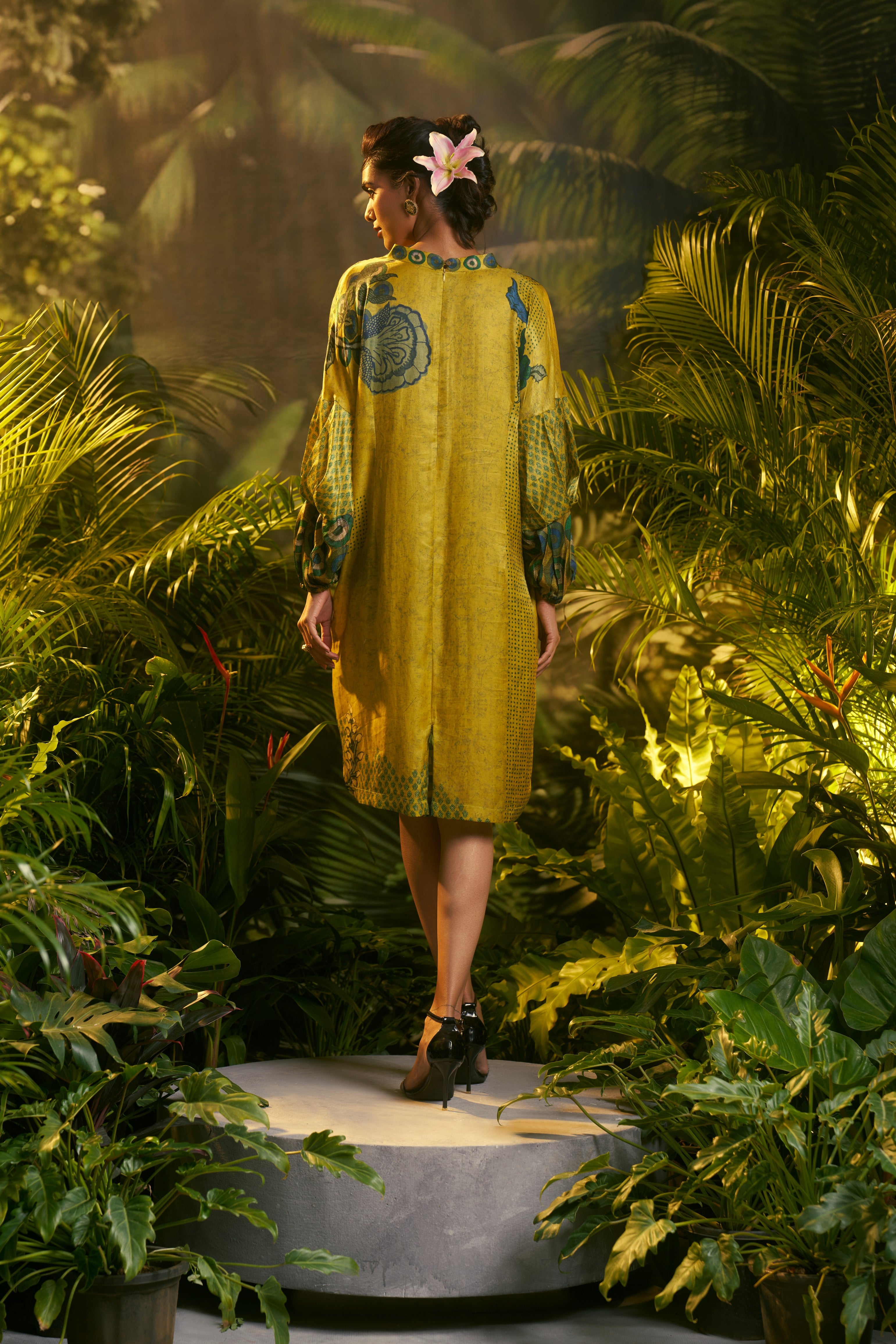 Mustard Yellow Printed Ethnic Dress with Voluminous Sleeves