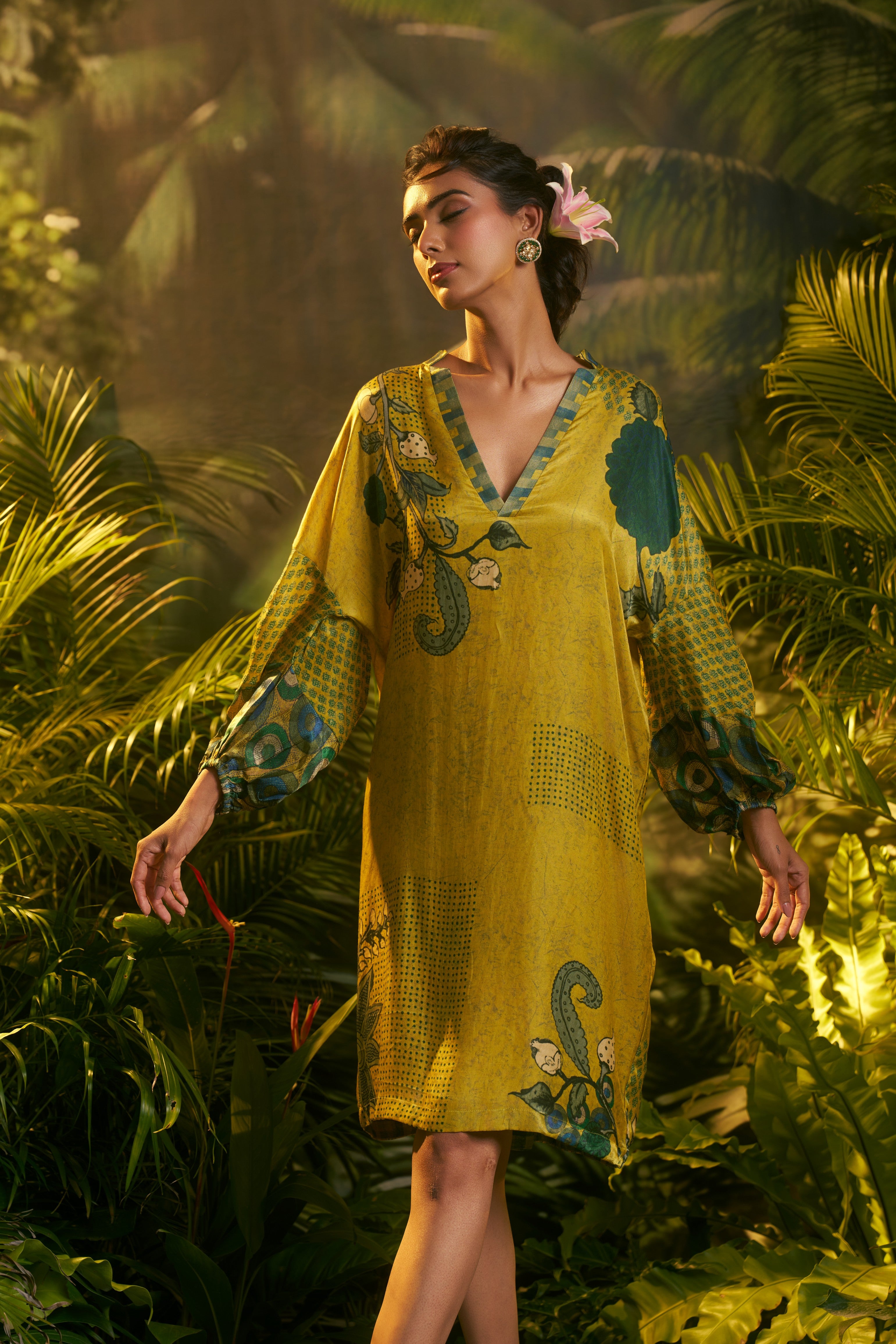 Mustard Yellow Printed Ethnic Dress with Voluminous Sleeves