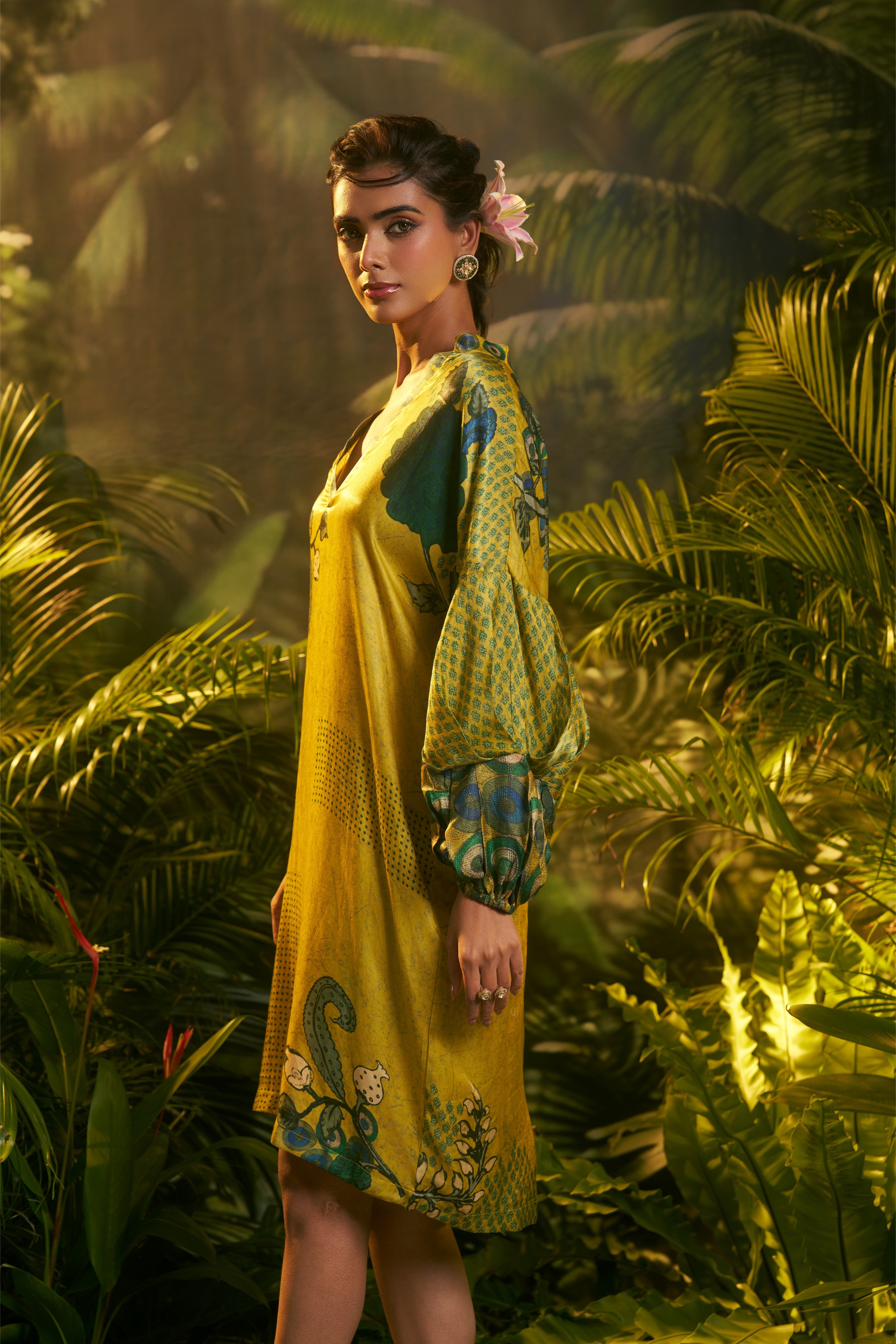 Mustard Yellow Printed Ethnic Dress with Voluminous Sleeves