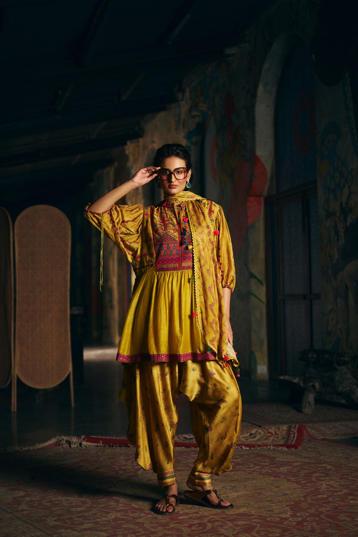 Mustard Silk Embroidered Peplum Kurta Set with Printed Dhoti Salwar and Dupatta