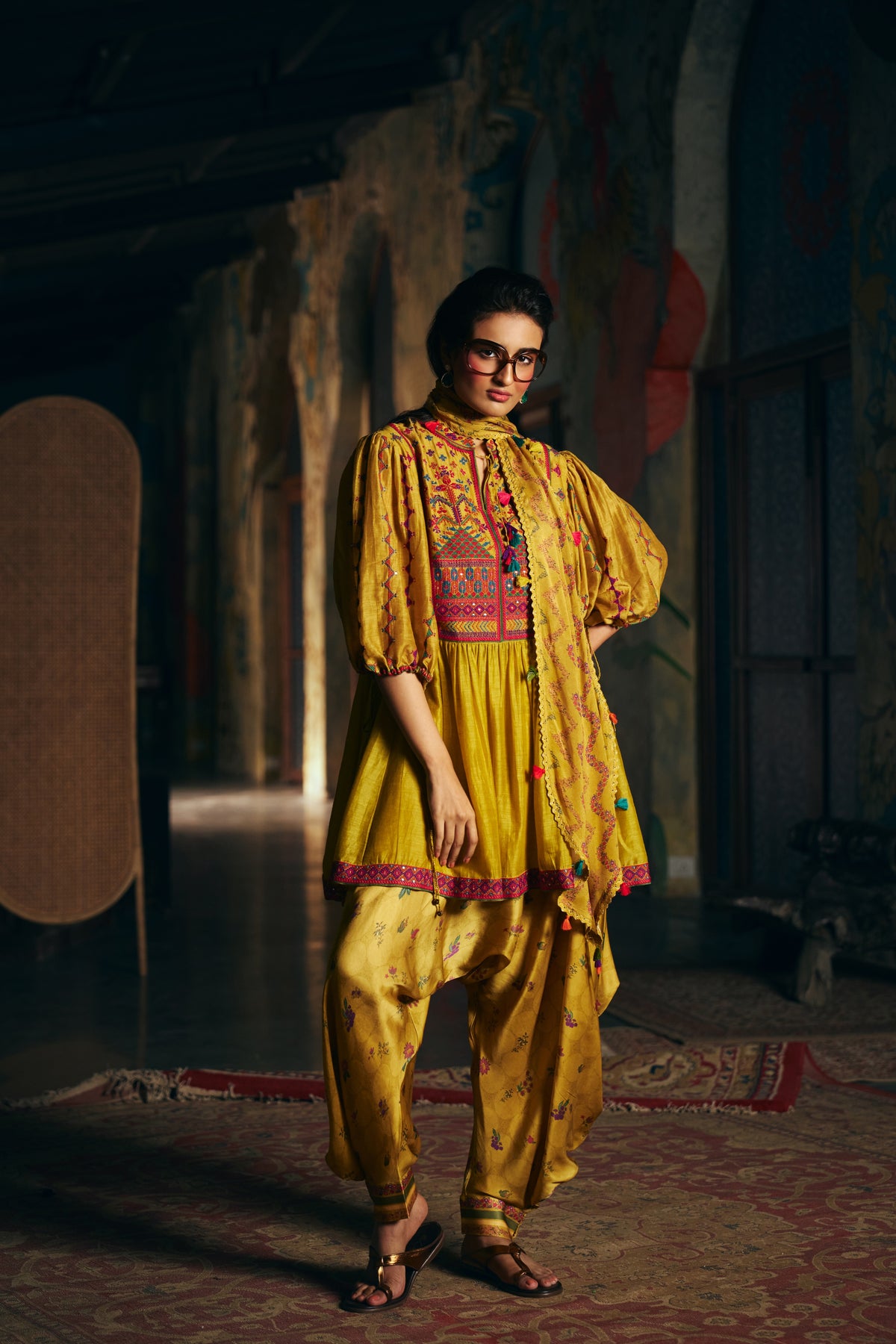 Mustard Silk Embroidered Peplum Kurta Set with Printed Dhoti Salwar and Dupatta