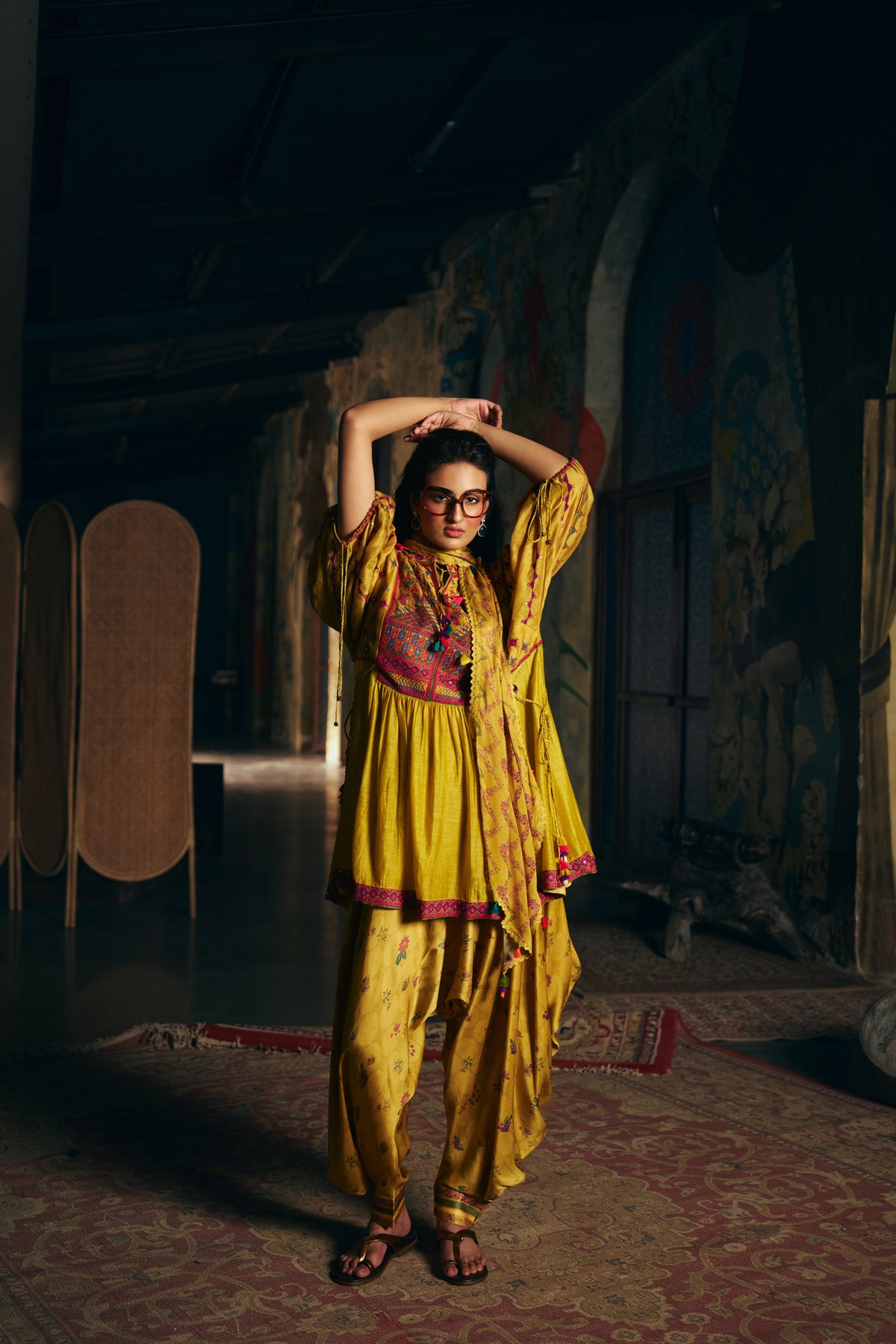Mustard Silk Embroidered Peplum Kurta Set with Printed Dhoti Salwar and Dupatta