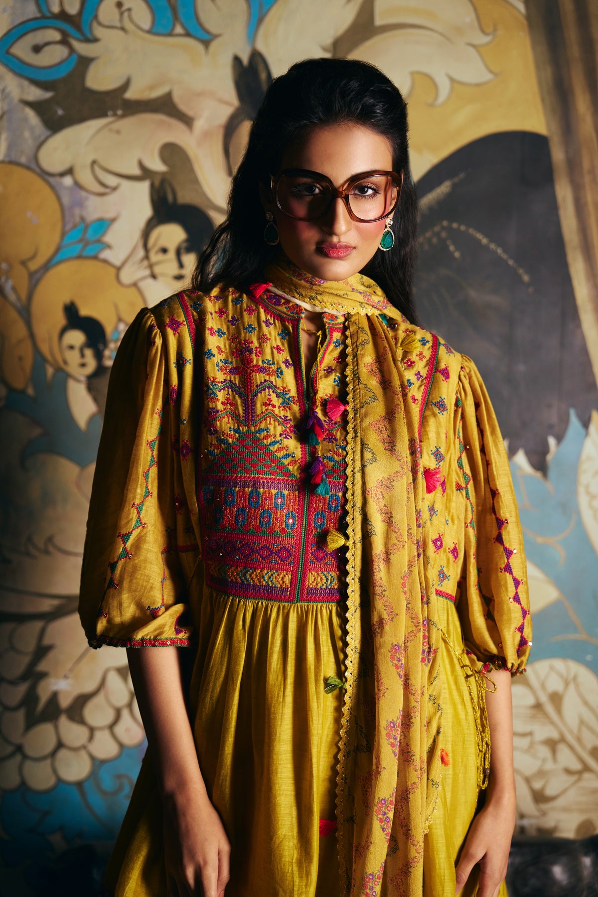 Mustard Silk Embroidered Peplum Kurta Set with Printed Dhoti Salwar and Dupatta