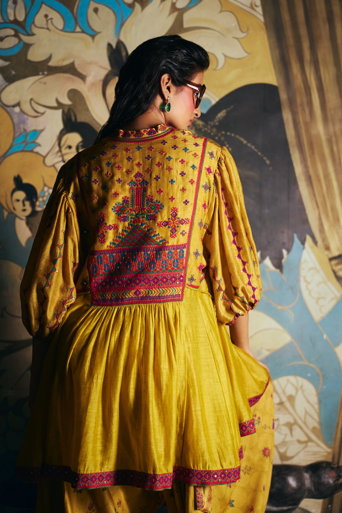 Mustard Silk Embroidered Peplum Kurta Set with Printed Dhoti Salwar and Dupatta